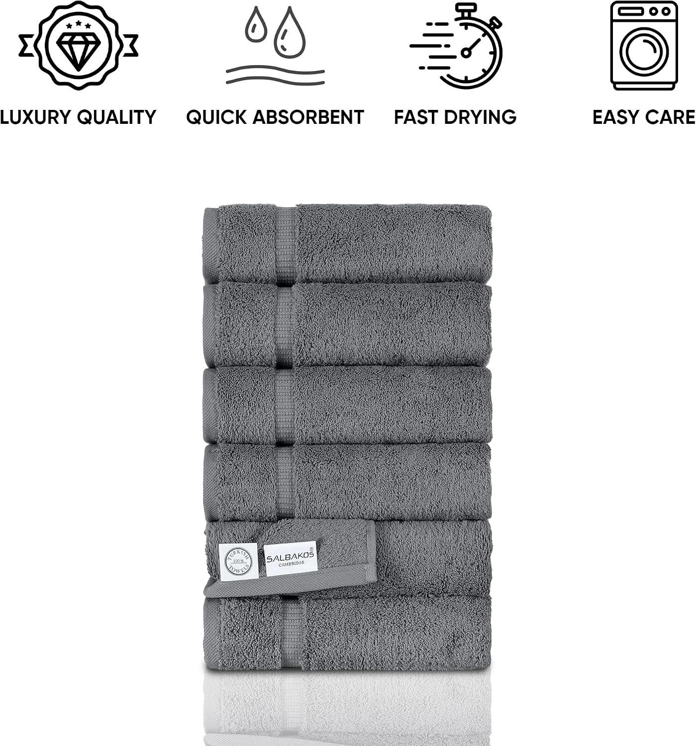 SALBAKOS 6-Piece 100% Turkish Cotton Hand Towels, 16x30 inch, Gray | Large Size Thick Super Soft Highly Absorbent