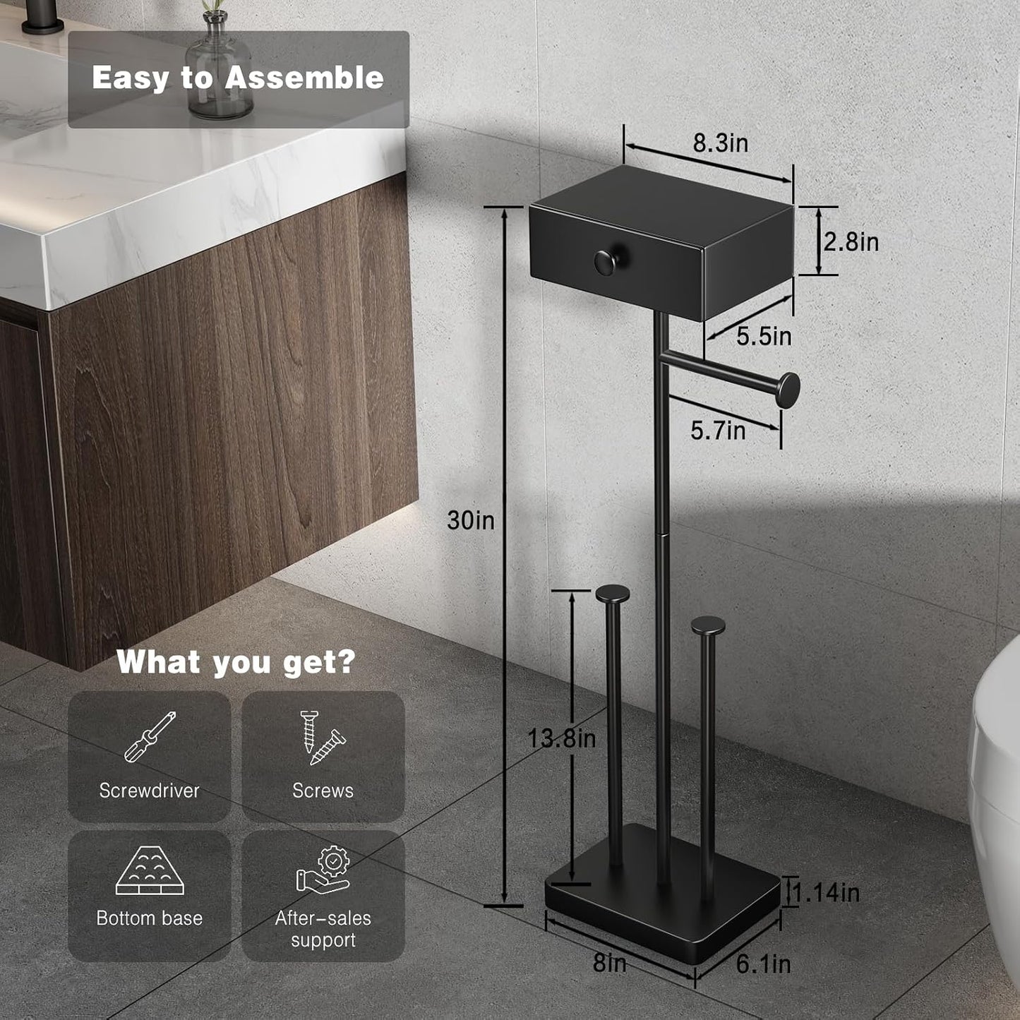 VOLDRA Toilet Paper Holder Stand with Shelf, Free Standing Black Toilet Paper Roll Holder with Wipes Storage Drawer