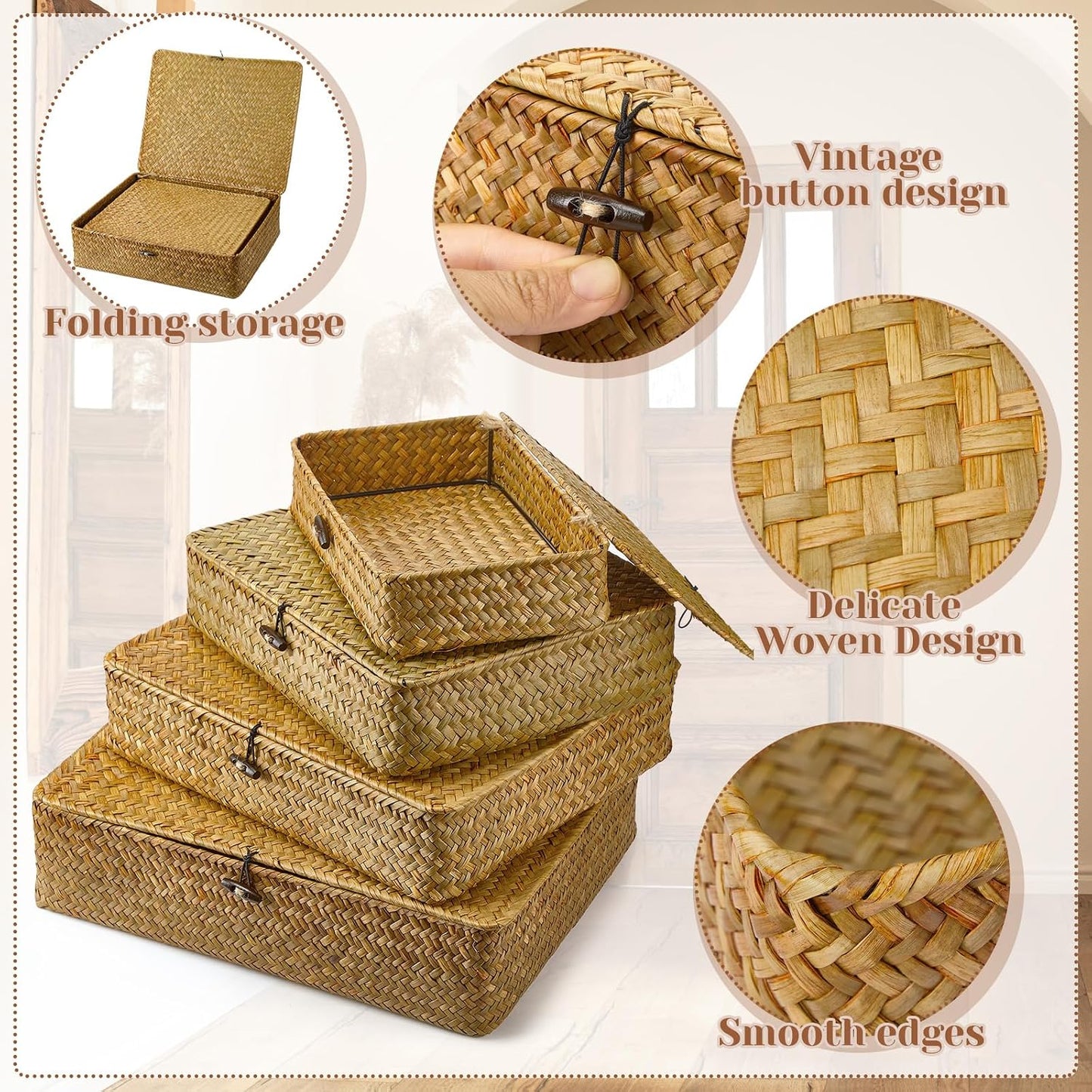Seagrass Basket / Lid Wicker Storage Basket Decorative Storage Boxes / Yellow / Set of 4