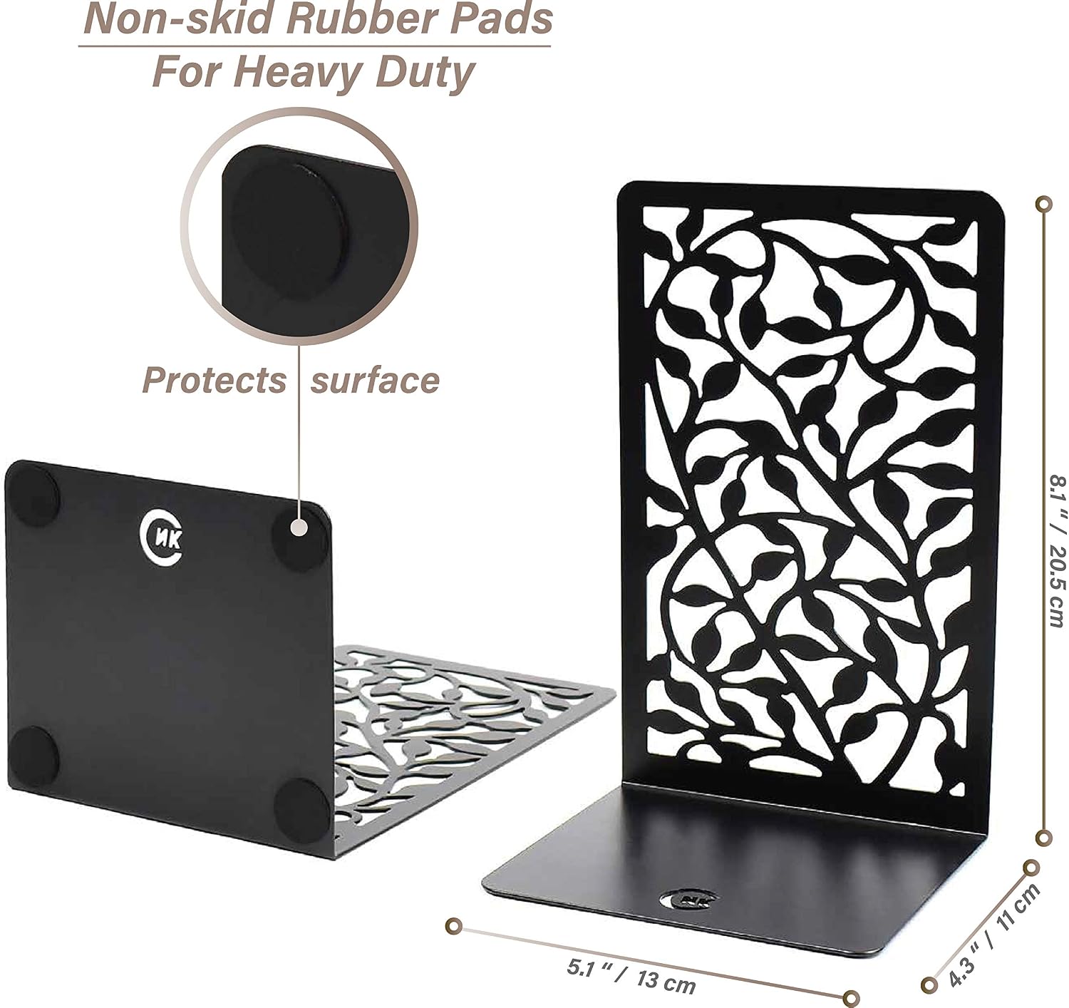 CNK Book Ends for Shelves - Metal Holders for Home Office Heavy Books, Shelf Stoppers, Decorative Set of 2 Black