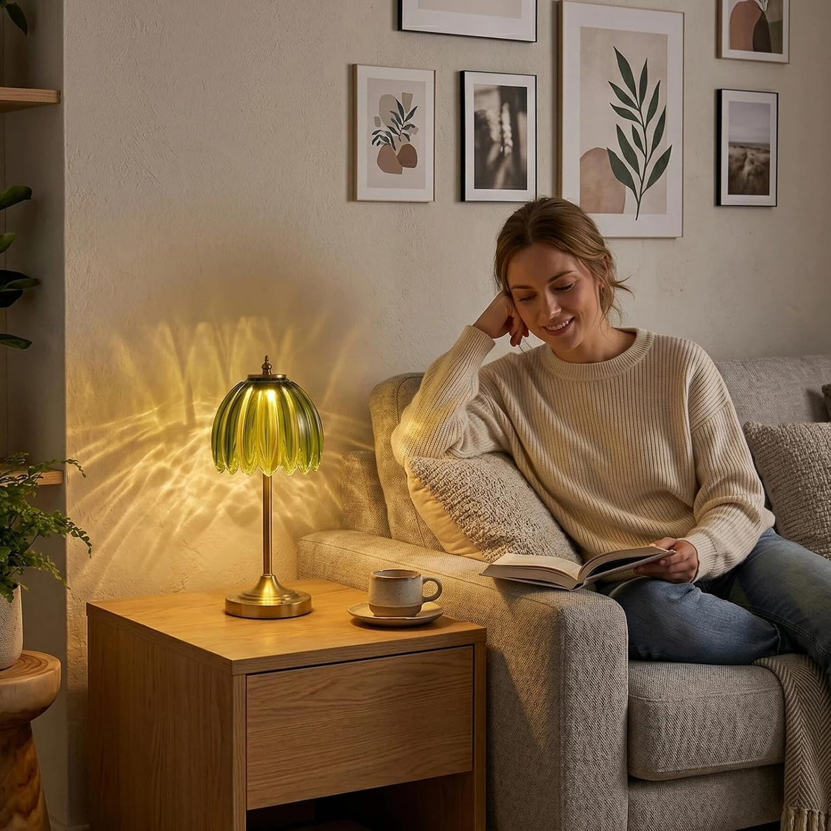 EJQ Glass Tulip Rechargeable Table Lamp, Cordless Flower Table Light -Green | Handcrafted green glass shade; aluminum