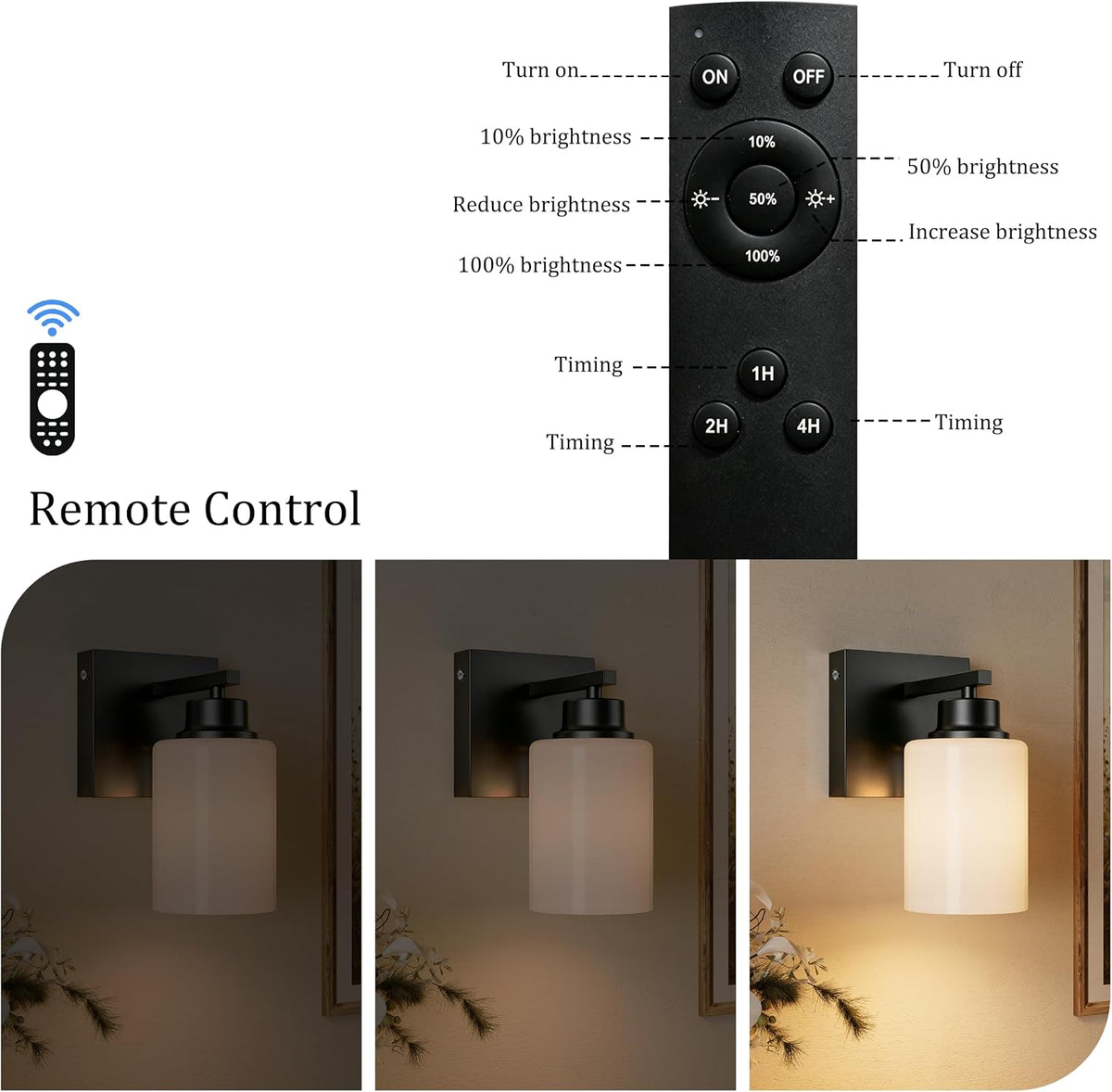 Wireless Battery Operated Wall Sconce Set of Two, Modern White Glass, Black | Dimmable, Easy Install Rechargeable Wall