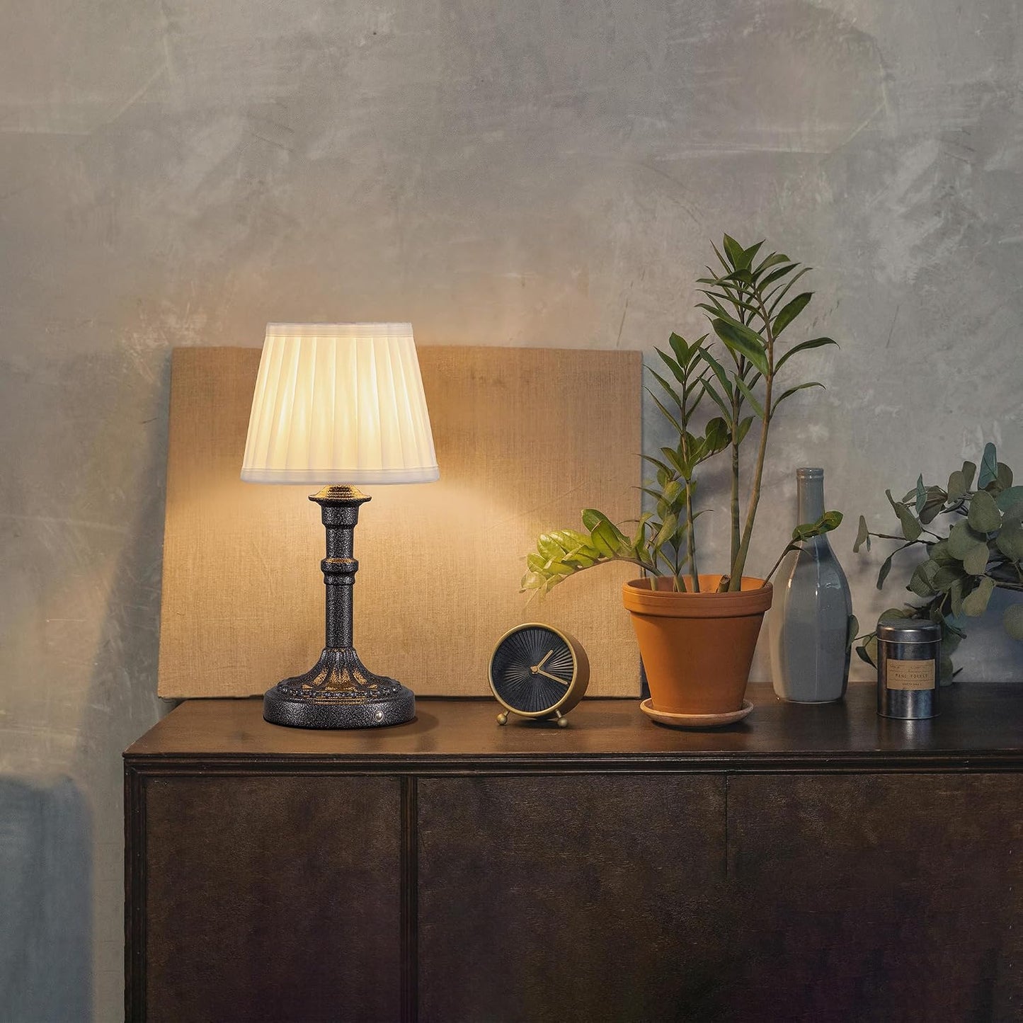 KDG Mottled Silver Cordless Table Lamps Set of 2, Beige Fabric Shade Light | 2700K Stepless Dimmable 4000mAh Battery