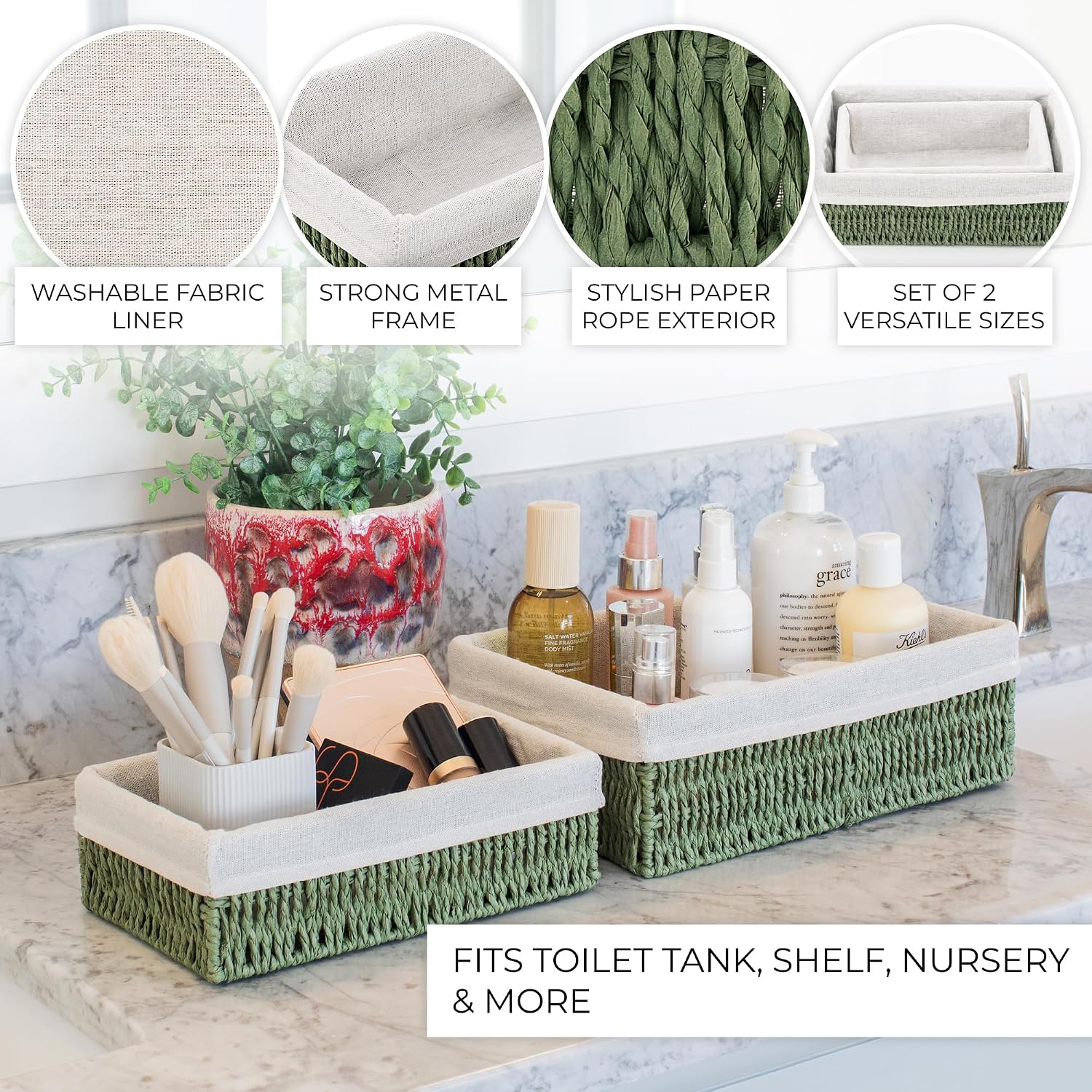 Decorative Wicker Bathroom Organizer for Toilet Tank Trays / Sage / Set of 2