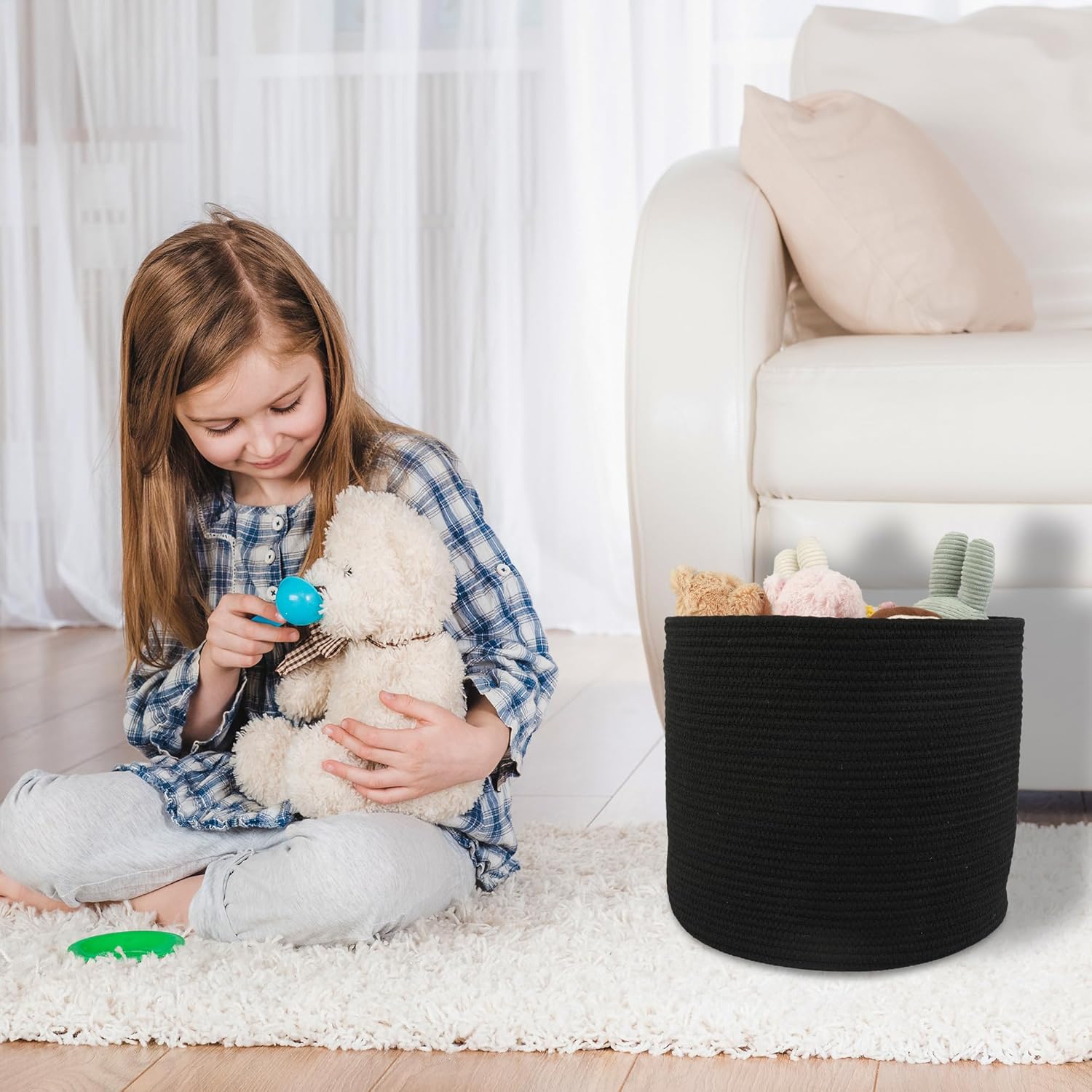 Cotton Rope Basket For Girls Boys Kids " Baby Laundry Basket Nursery Bin Round / Black / 16 x 14