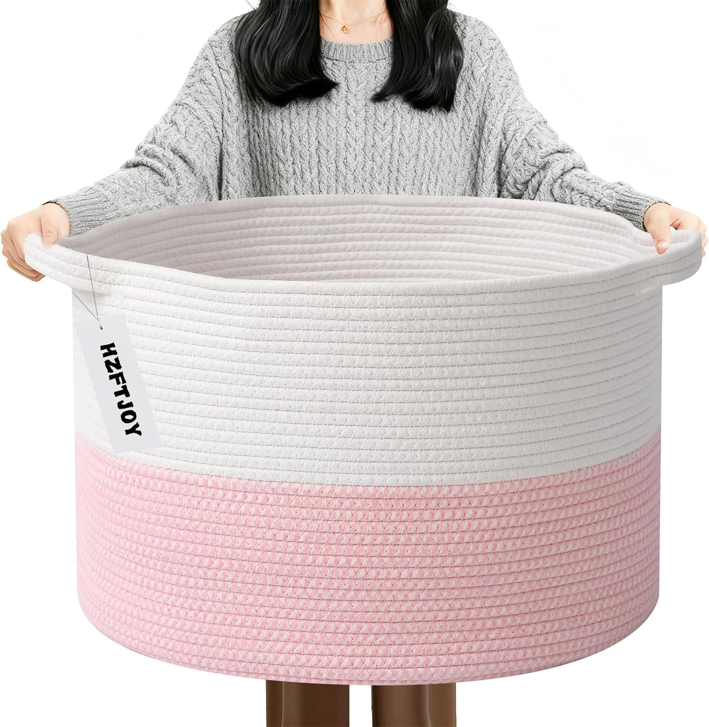 90L Extra Large Pink Woven Cotton Rope Basket with Handles
