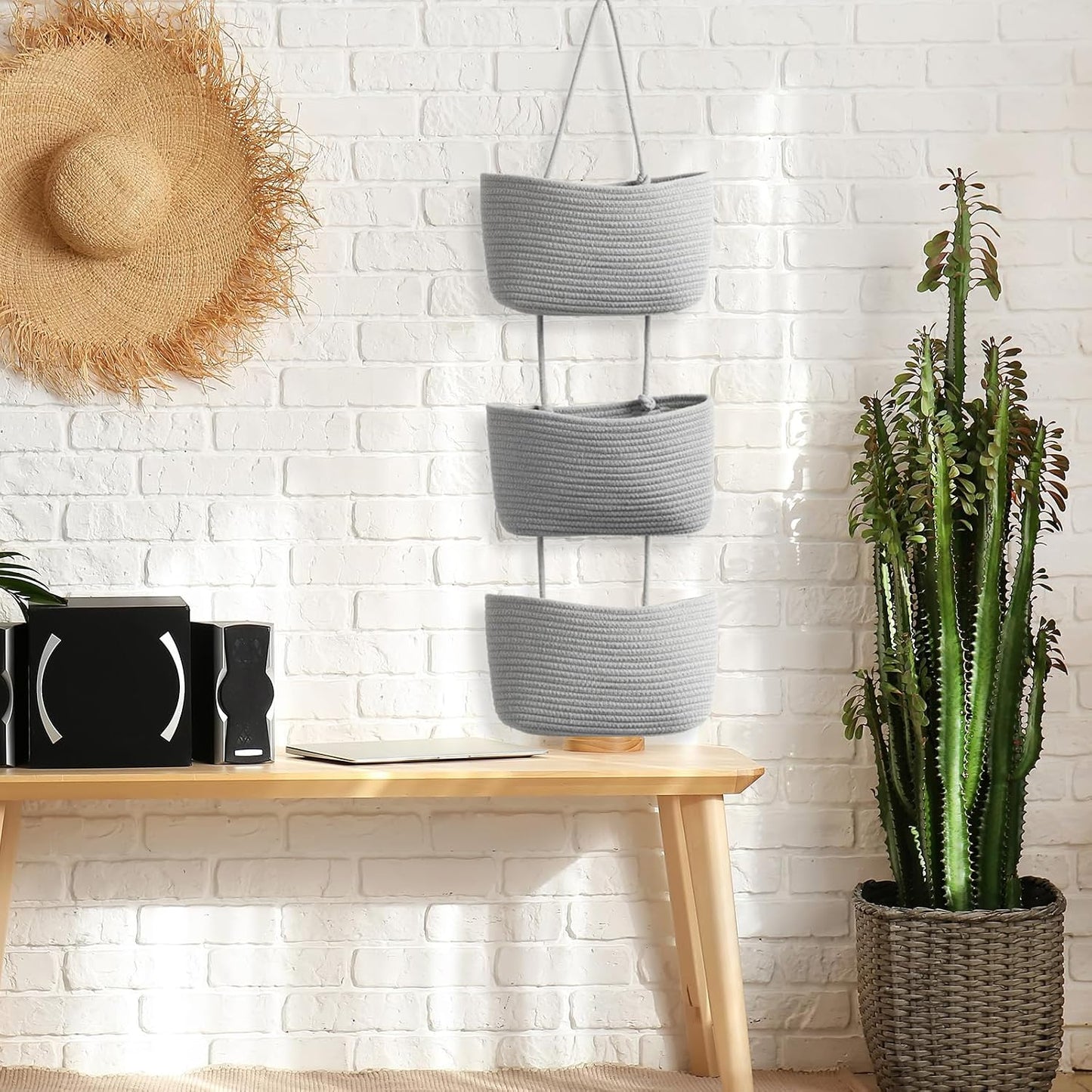 3-Tier Woven Cotton Wall-Mounted Storage Organizer Bag Decorative Hanging Nursery / Gray