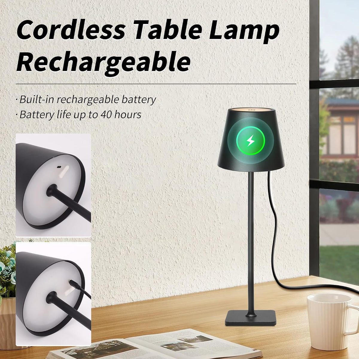 Mr. White Outdoor Waterproof Cordless Set of 2 Rechargeable Portable Top Touch Battery Operated Powered LED Table Lamp