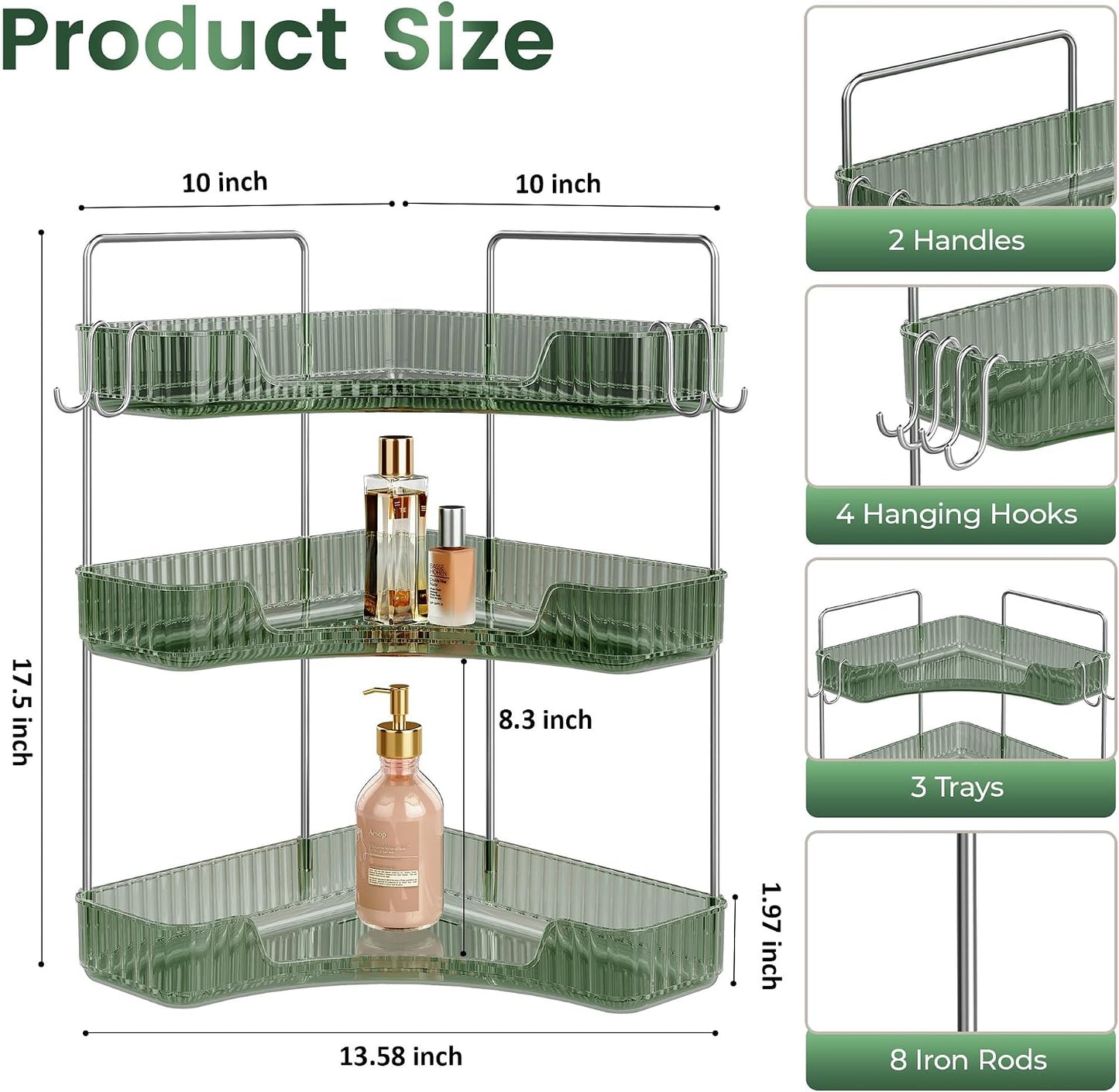 3-Tier Green Corner Organizer, PET Counter Storage with Hooks | Multi-Surface Organizer for Bathroom Vanity & Kitchen