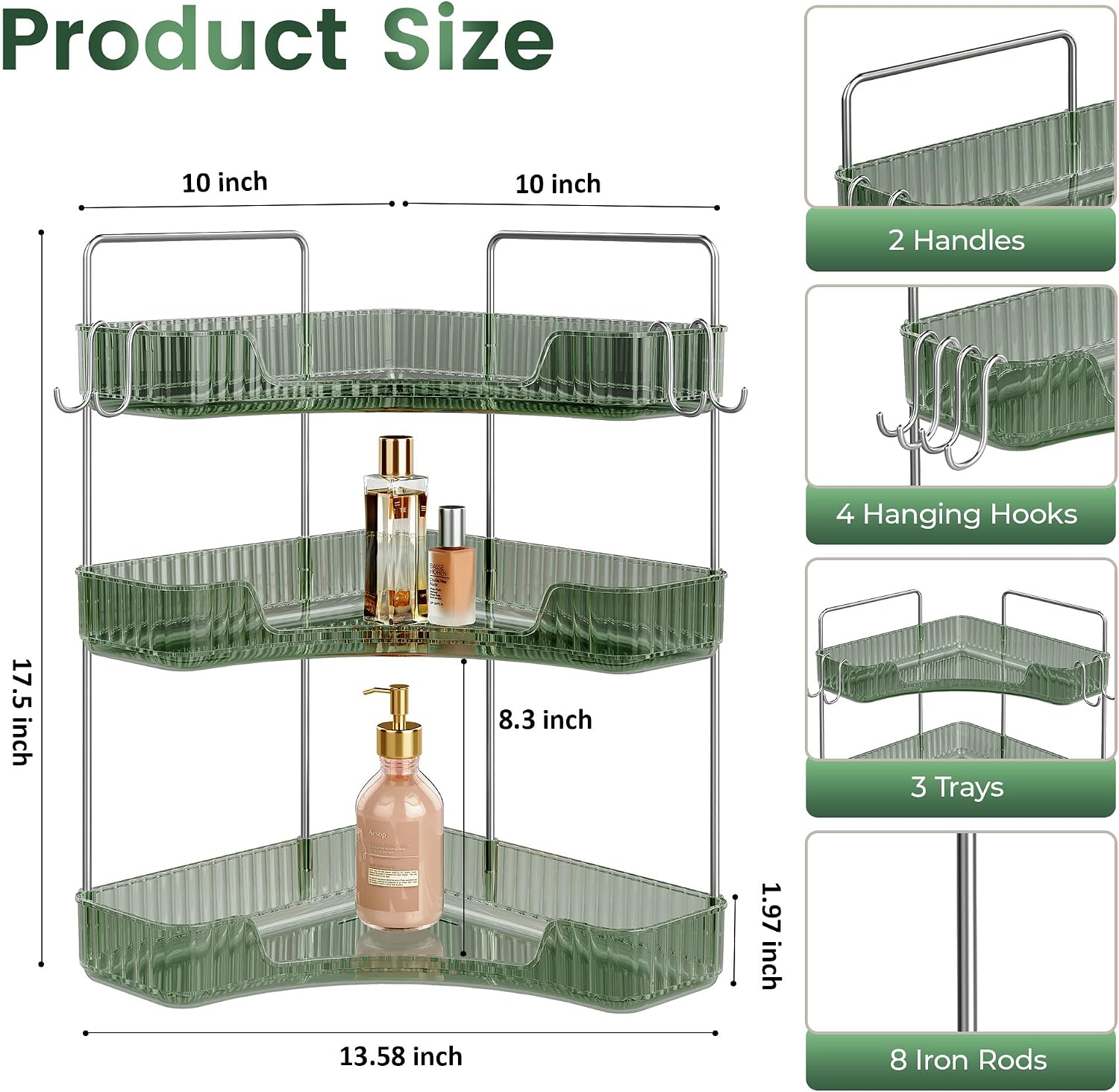 3-Tier Green Corner Organizer, PET Counter Storage with Hooks | Multi-Surface Organizer for Bathroom Vanity & Kitchen