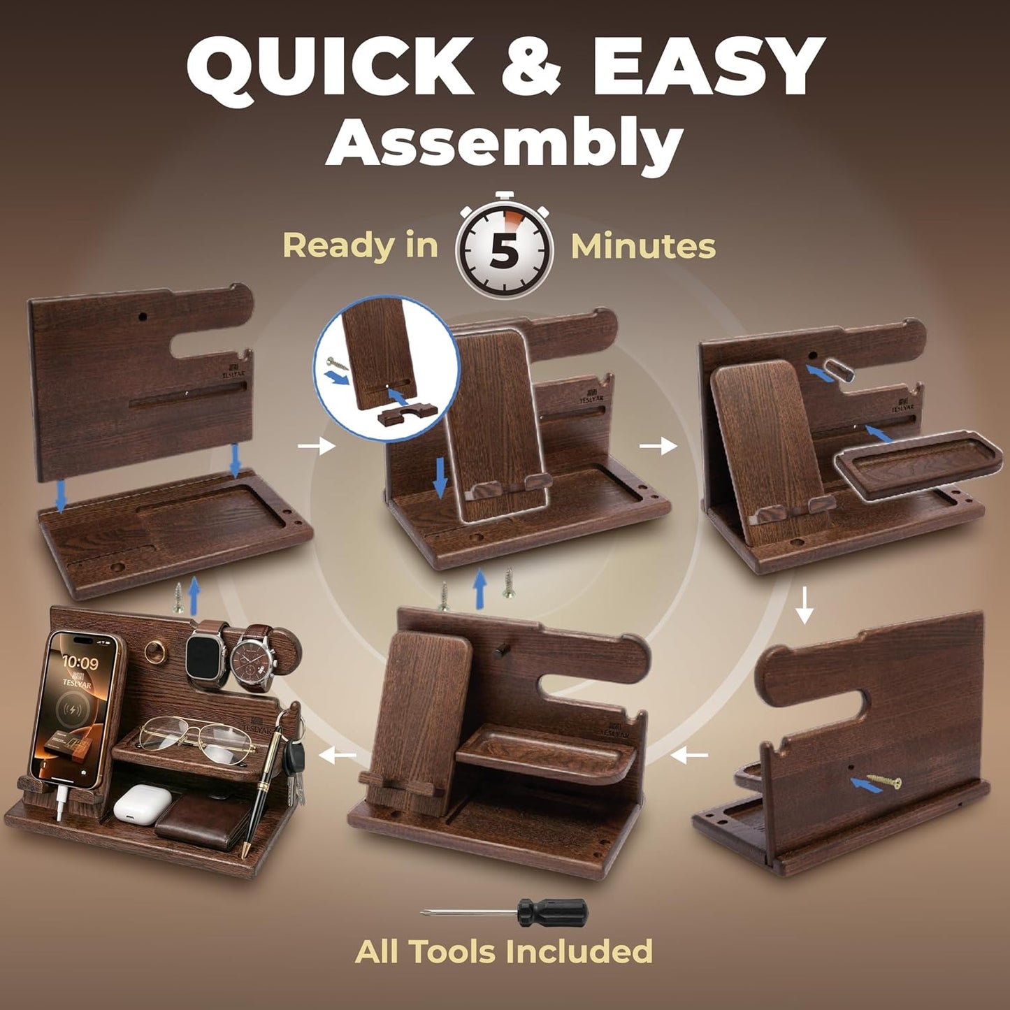 TESLYAR Wood Phone Docking Station for Men - Desk or Nightstand Organizer - Birthday Gifts for Husband, Dad