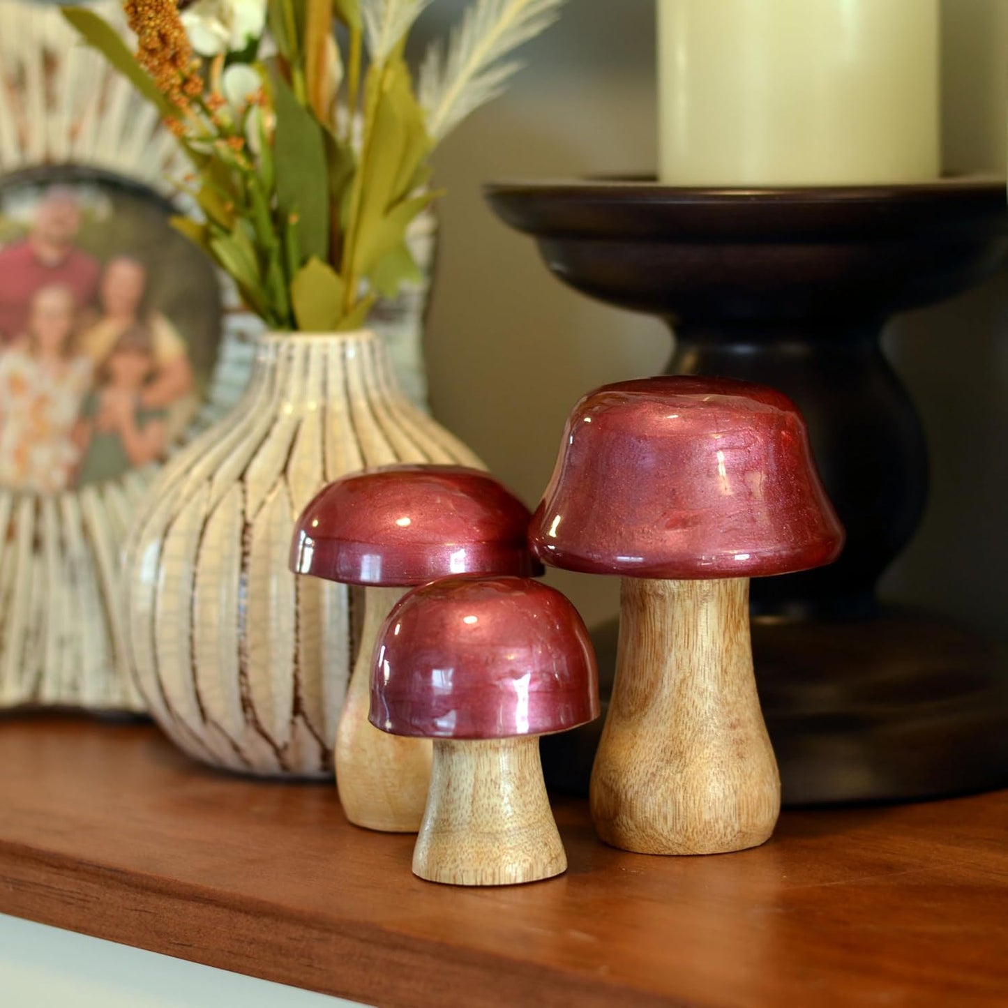 Decorative Figurines / Red Top Mushrooms / Red Metallic Effect, 4.25, 3.5 and 2.75 Inches / Set of 3