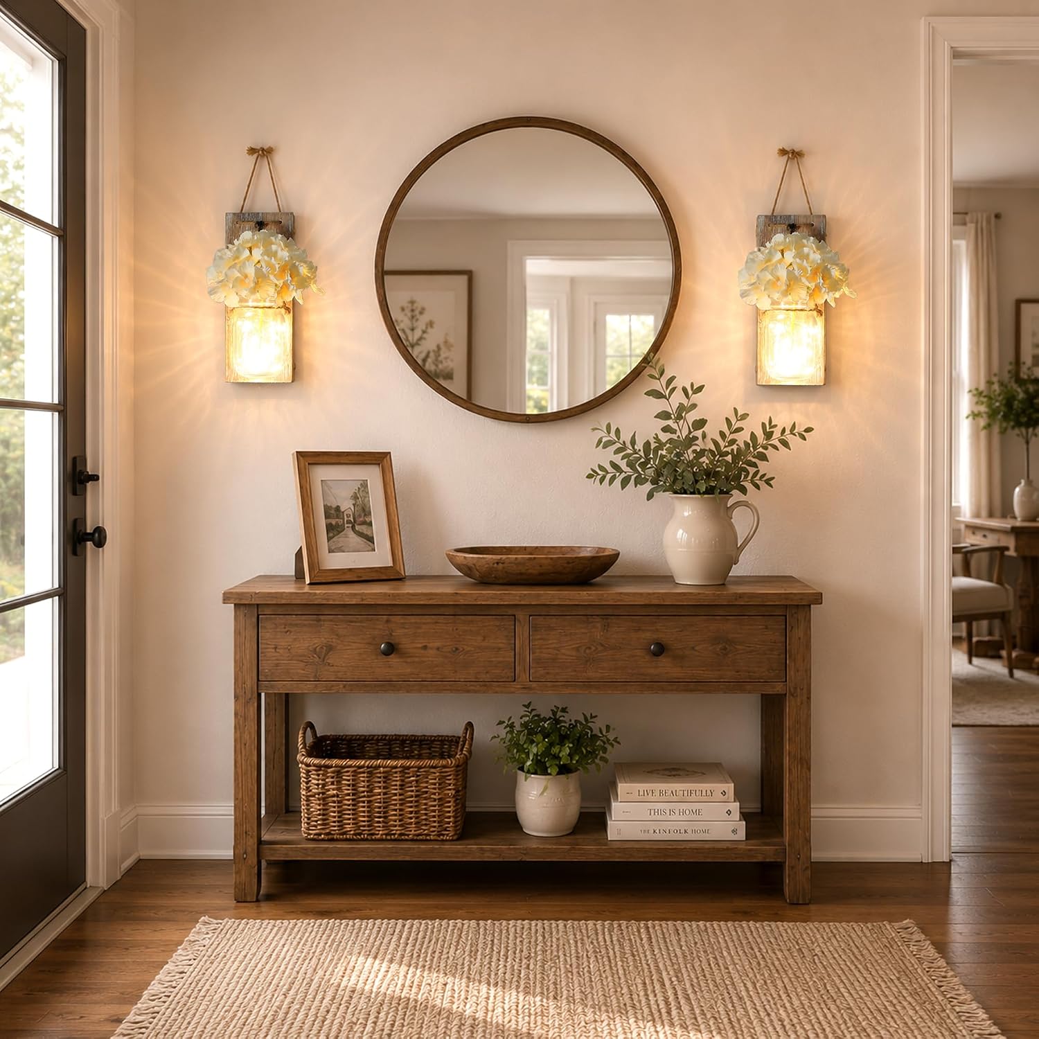 Rustic Mason Jar Sconces Wall Decor / 11"H Brown + Hydrangea / Set of 2