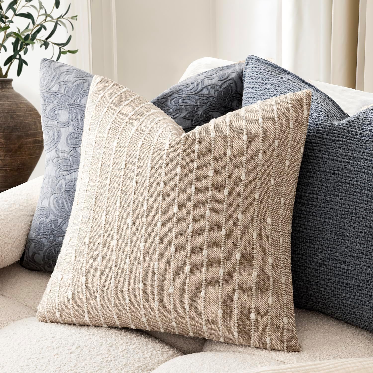 Decorative Jacquard Boucle Throw Pillow Covers Accent Textured / 18 x 18 / Natural Beige / Set of 2