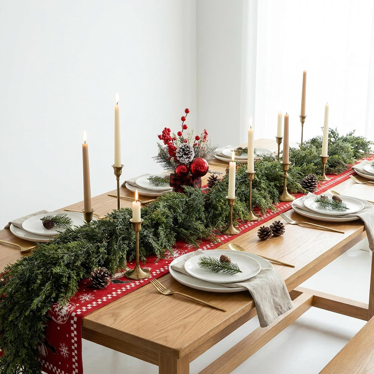 4 Pcs Double Color Christmas Norfolk Pine Garlands for Mantle Fireplace | 6 Ft Real Touch Artificial Cedar Garland