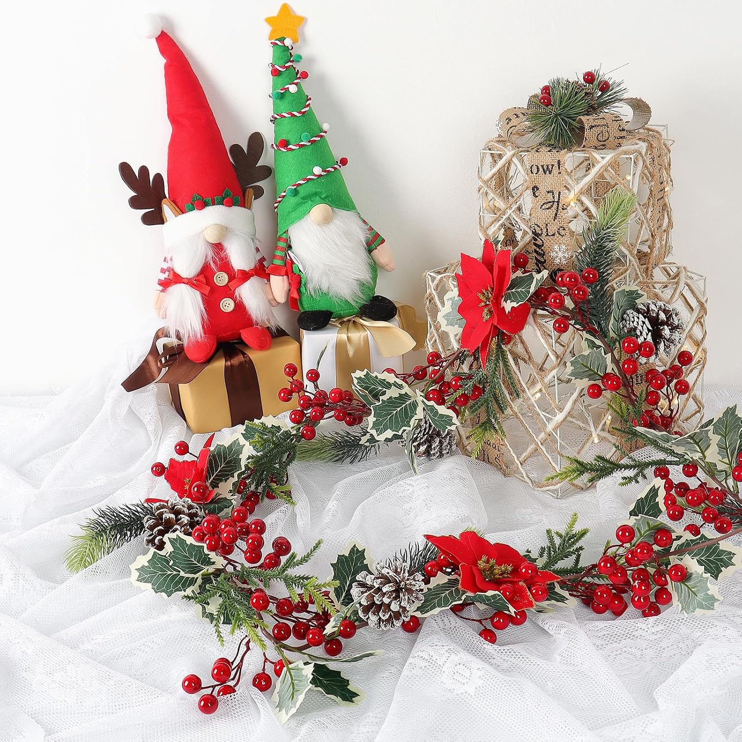 TOCHGREEN 12FT Red Berry Christmas Garland,Artificial Berries Garland with Pine Cones,Poinsettia Flowers and Holly