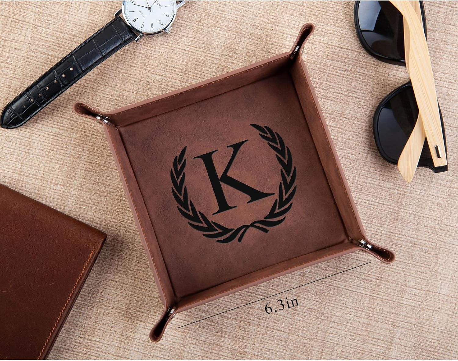 Personalized Leather Valet Tray Engraved Initials Key Tray Nightstand Organizer Valentines Day / M