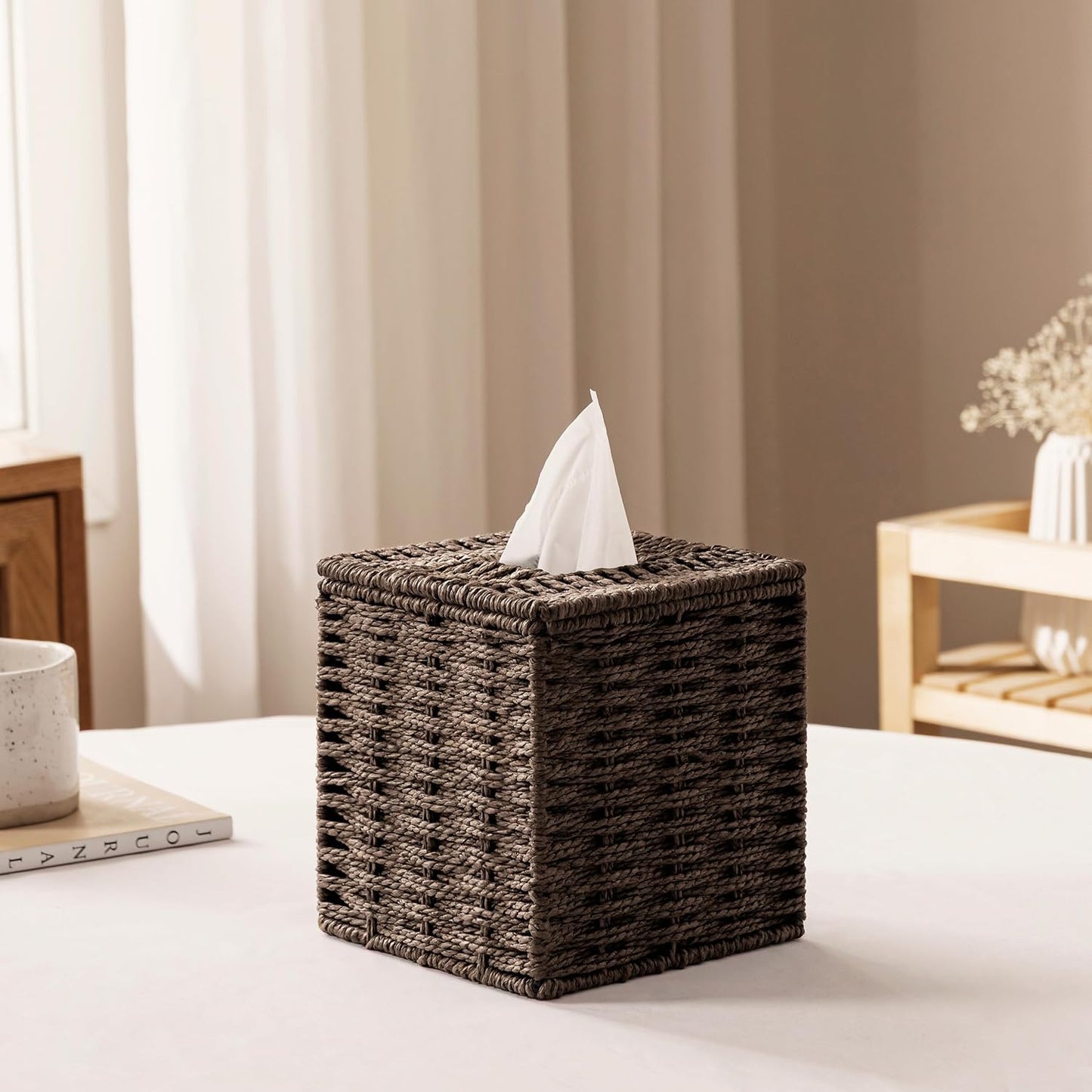 Paper Rope Hand Woven Square Tissue Box Holder / Dark Brown
