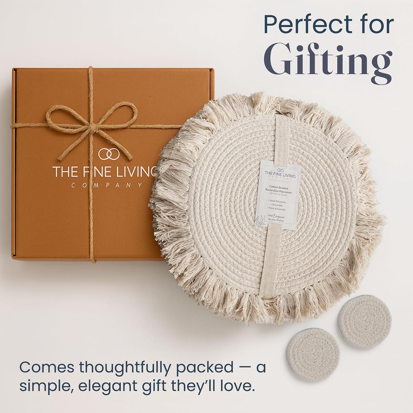 Fine Living Round Placemats Set of 4 with 4 Free Coasters, 15 Inch, Ivory | Washable Heat Resistant Non-Slip Braided