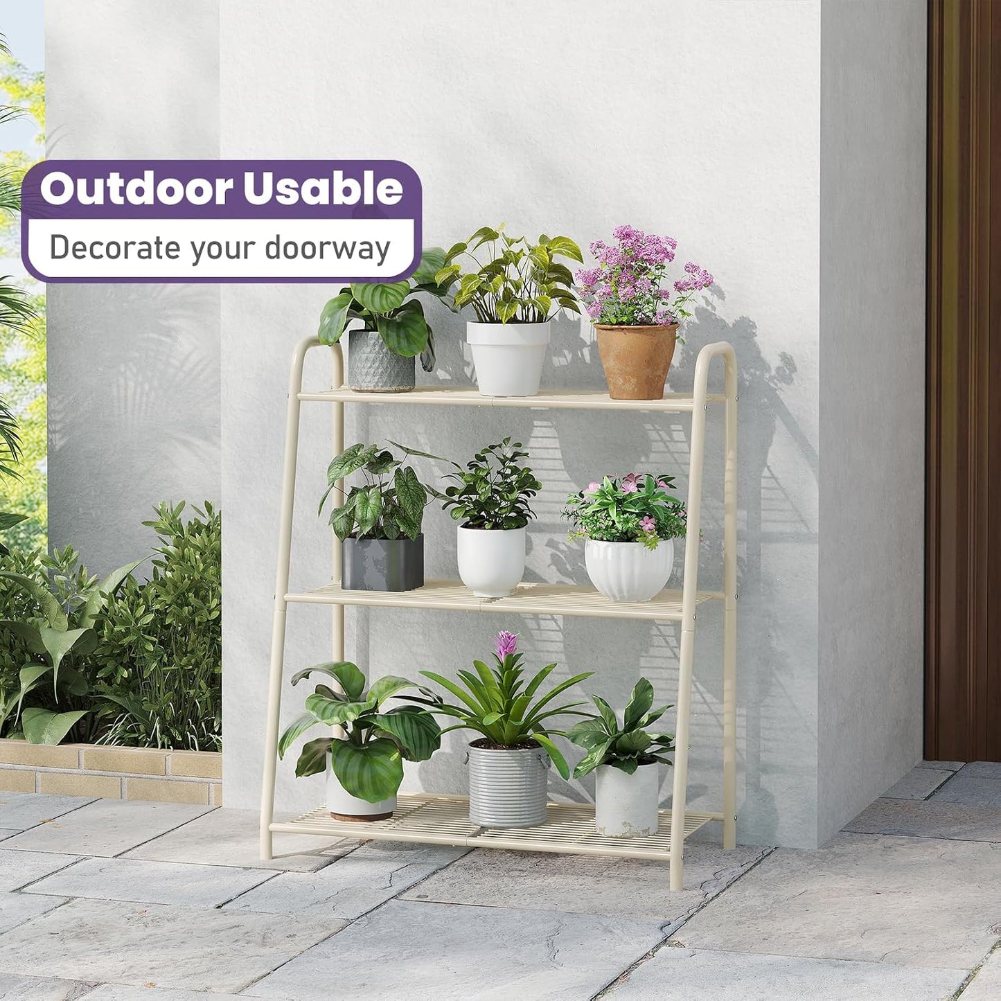 3-Tier Corner Plant Stand, Metal Black Flower Pot Rack, Indoor Outdoor Heavy Duty Shelf (Cream, 3 Tier)