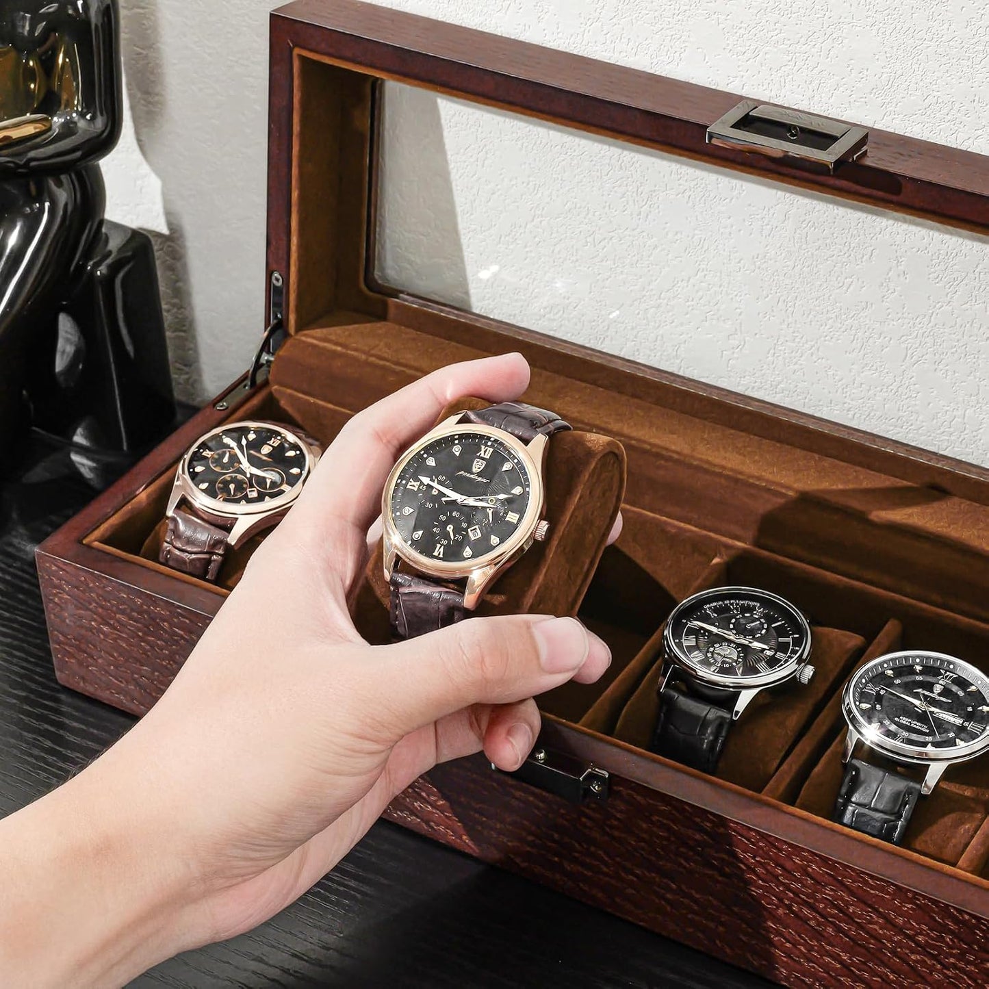 ProCase Wooden Watch Box, 6 Slot Mens Watch Display Case, Espresso | Wood Watches Holder Storage Organizer with Clear