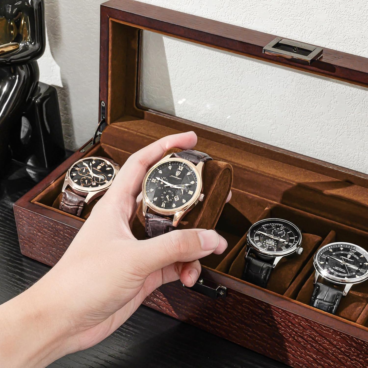 ProCase Wooden Watch Box, 6 Slot Mens Watch Display Case, Espresso | Wood Watches Holder Storage Organizer with Clear