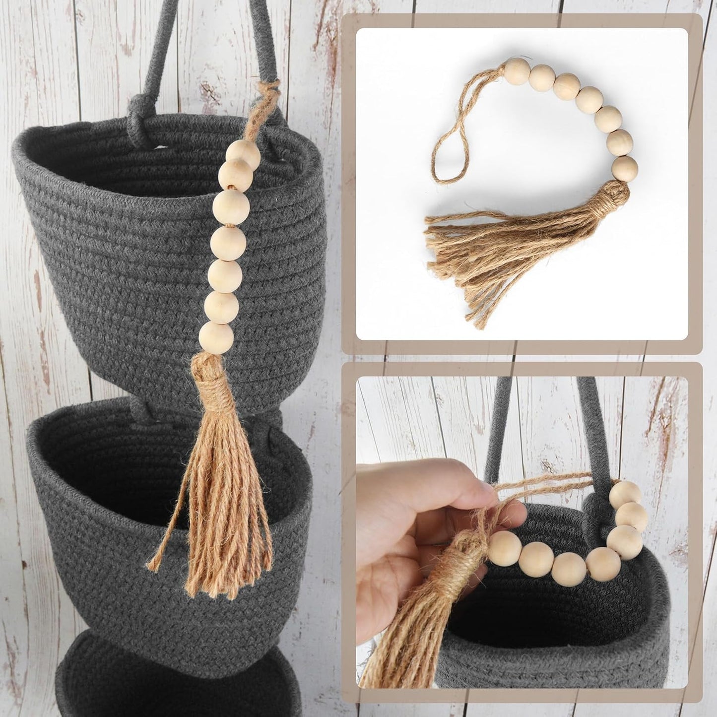 Woven Baskets Pouches Set Boho Style Wall Mounted Bag / Gray & Black / Small