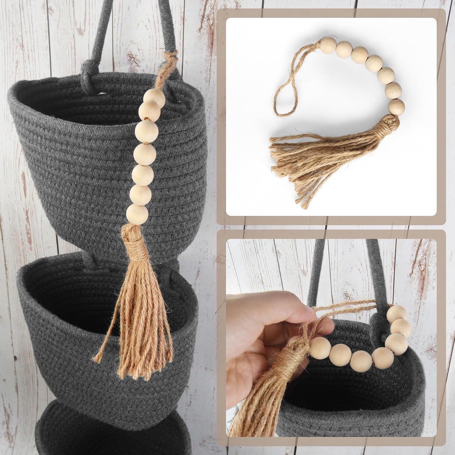 Woven Baskets Pouches Set Boho Style Wall Mounted Bag / Gray & Black / Small