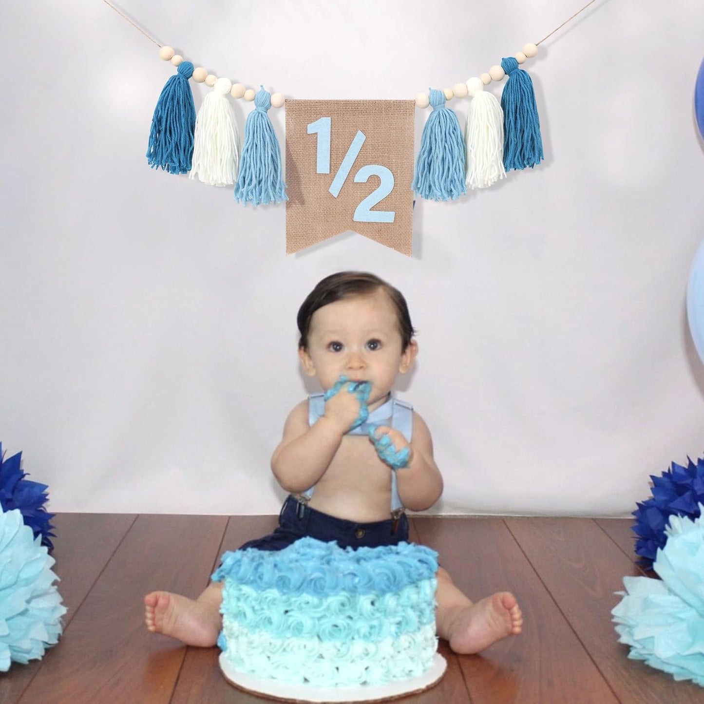 Pink Tassel Wood Bead Highchair / 1/2 Blue Banner