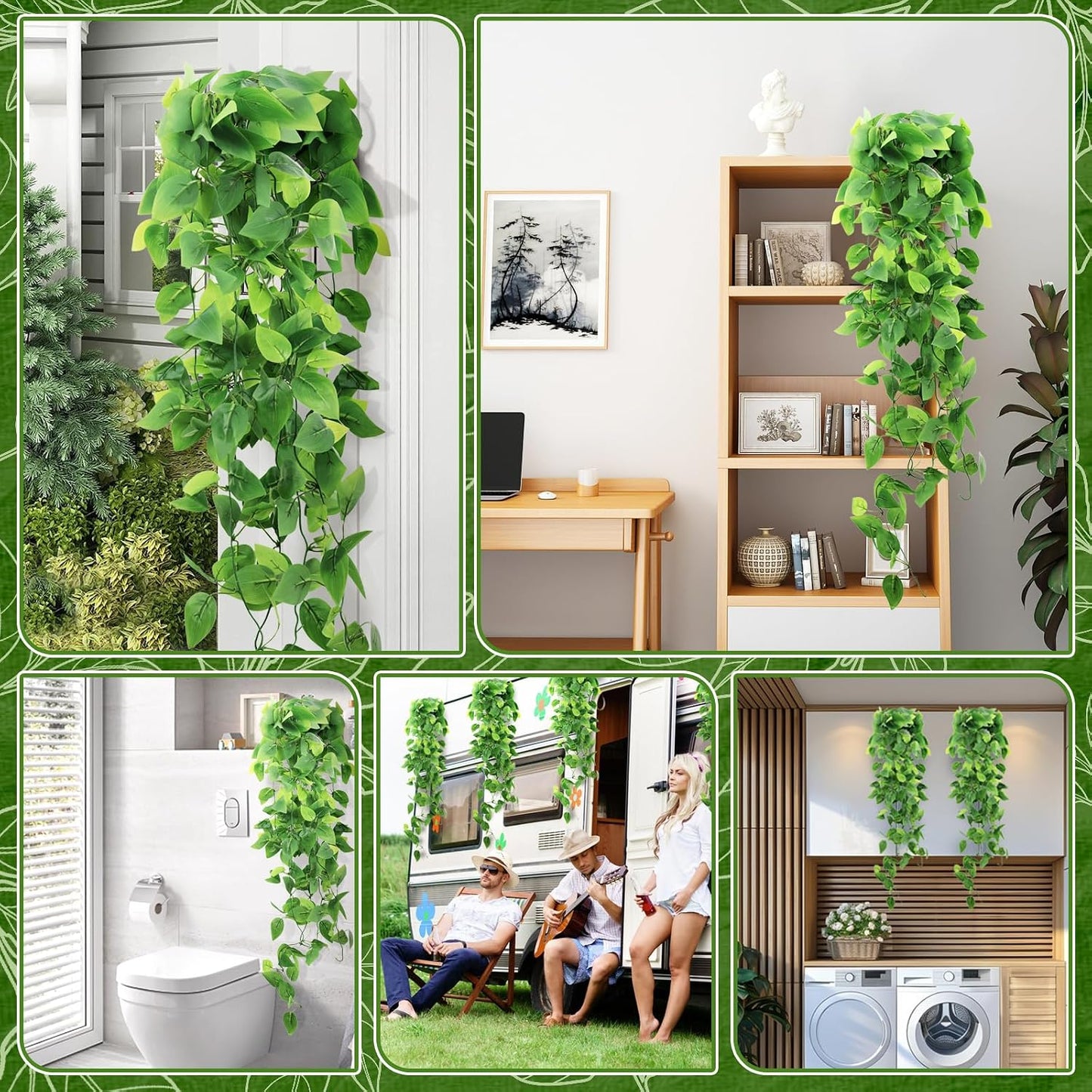 Faux Hanging Plant Artificial Greenery / Green Pothos Ivy Vines / Set of 2