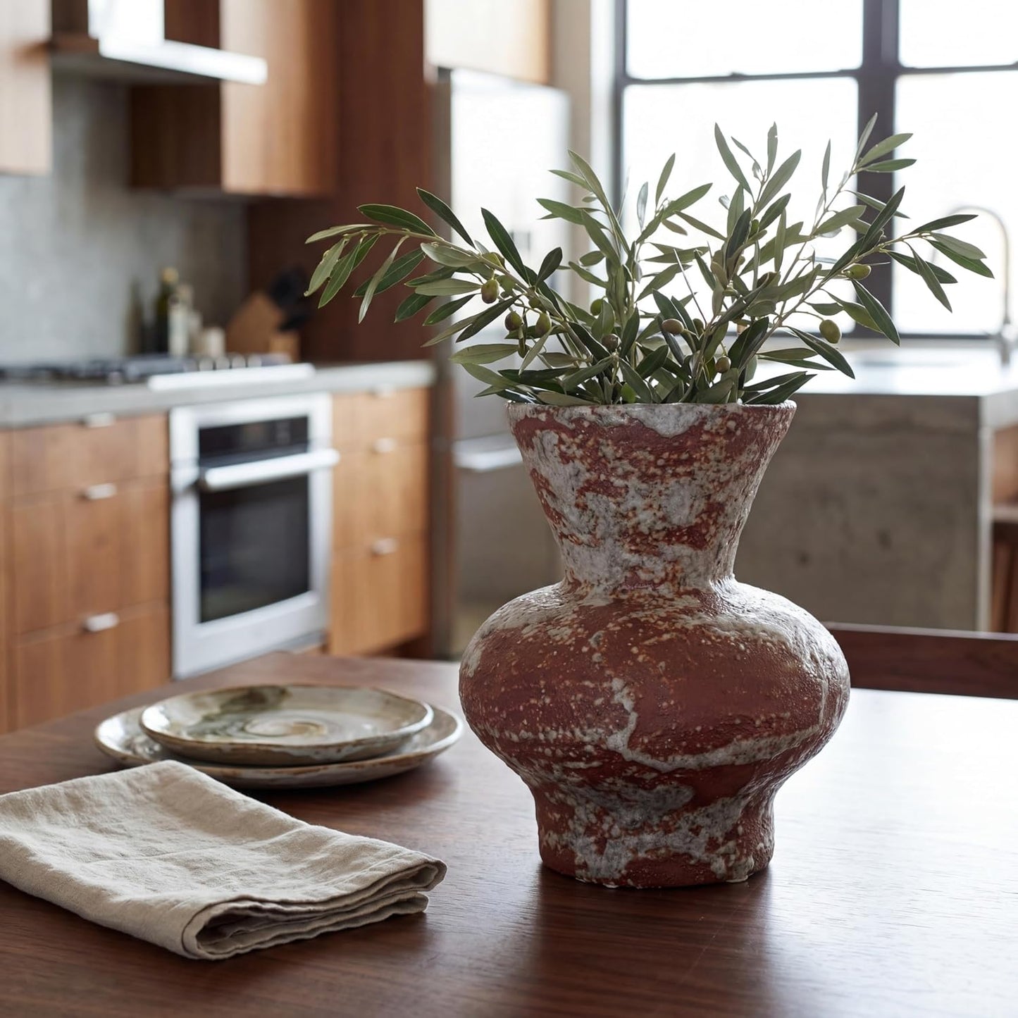 Rustic Ceramic Flower Vase / Dark Brown and White
