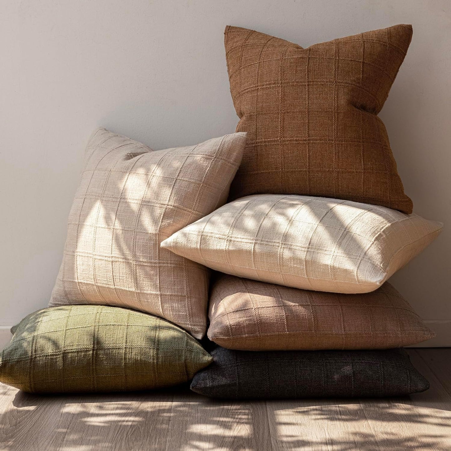 Decorative Linen Check Throw Pillow Covers Neutral Farmhouse / 18 x 18 / Brown Sugar / Set of 2