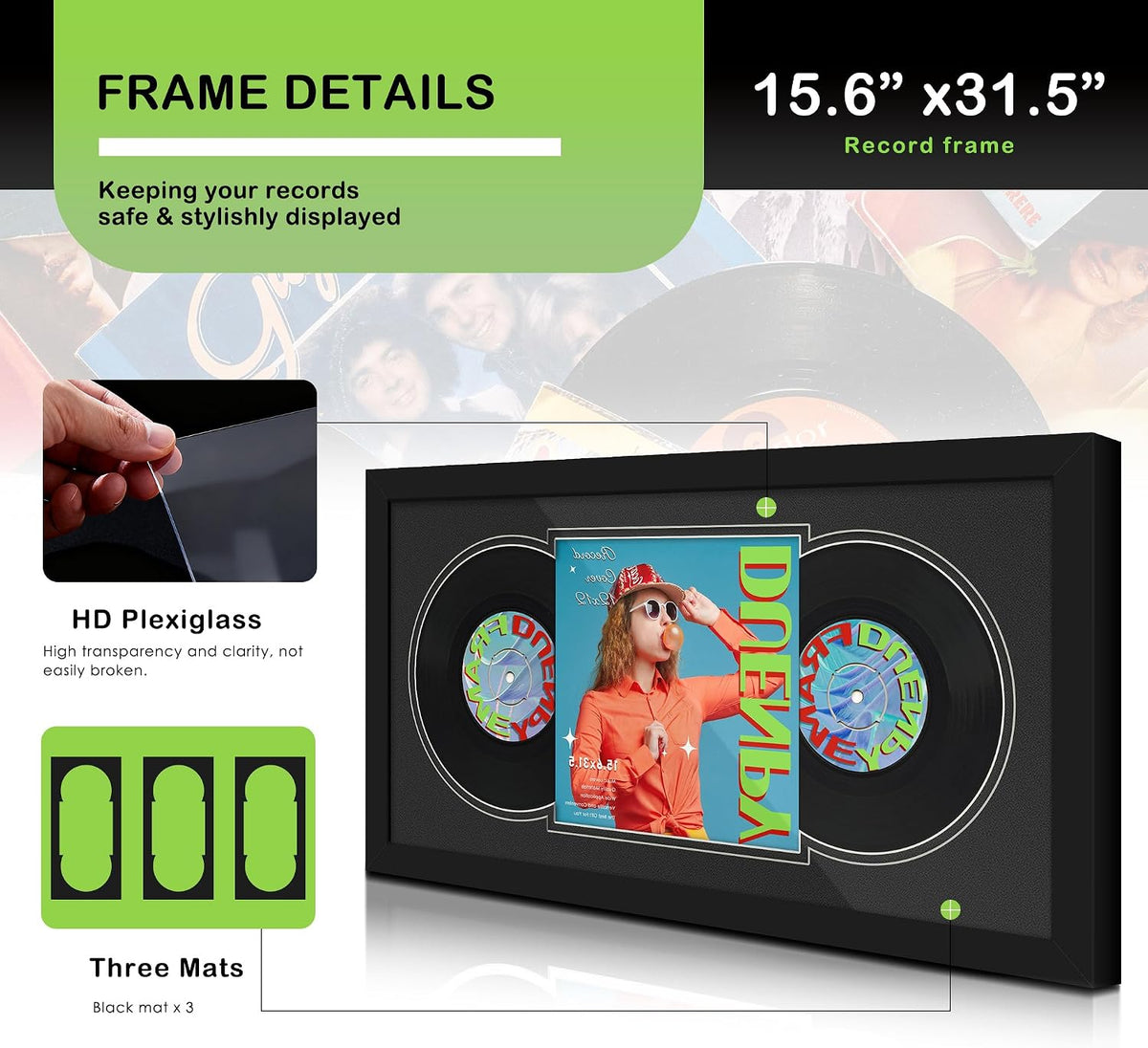 DUENPY 15.6x31.5 Vinyl Frame For 12.5x12.5 Cover Double Black Mat | Displays 12.5x12.5 Album Cover Art, Supports Wall
