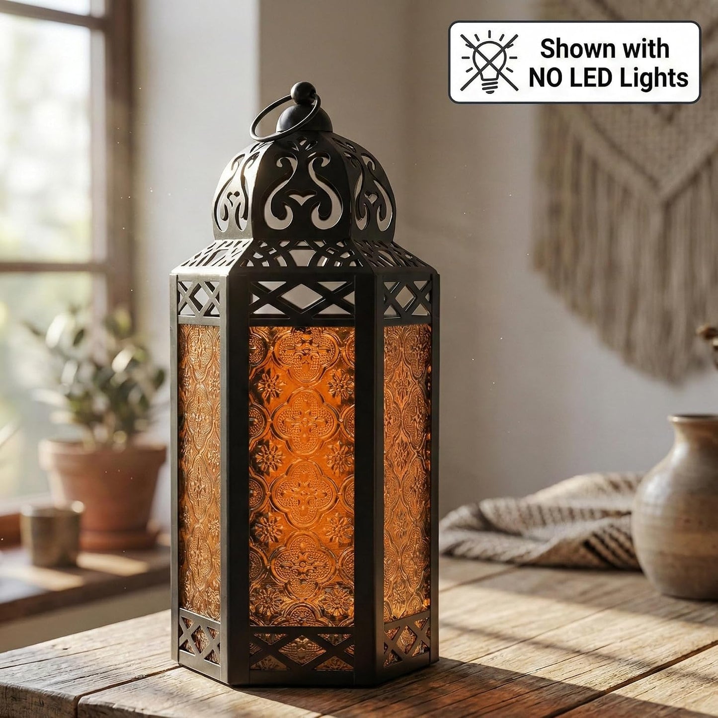 Vela Lanterns Decorative Indoor LED Light Halloween Holder, Amber, L, 2-PK | Orange Fall Decorations, Fantasy Moroccan