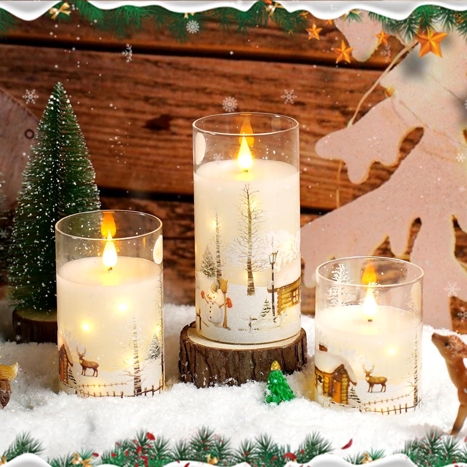 Christmas Flameless Candles with Remote - White LED Candles & String Lights, with Glass casing Battery Operated Set of