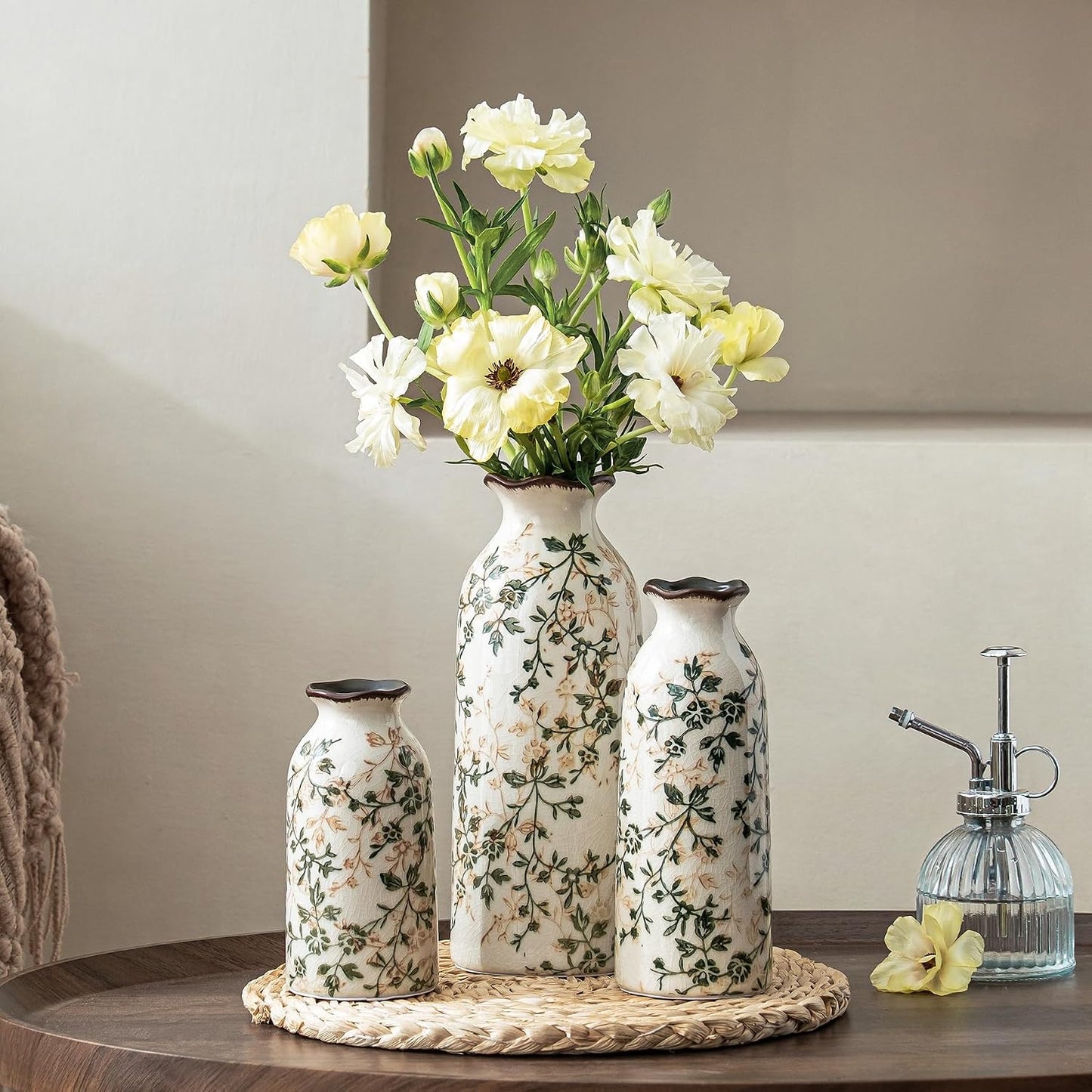 Green Rustic Farmhouse Vase Set / 05-green and Beige / Set of 3