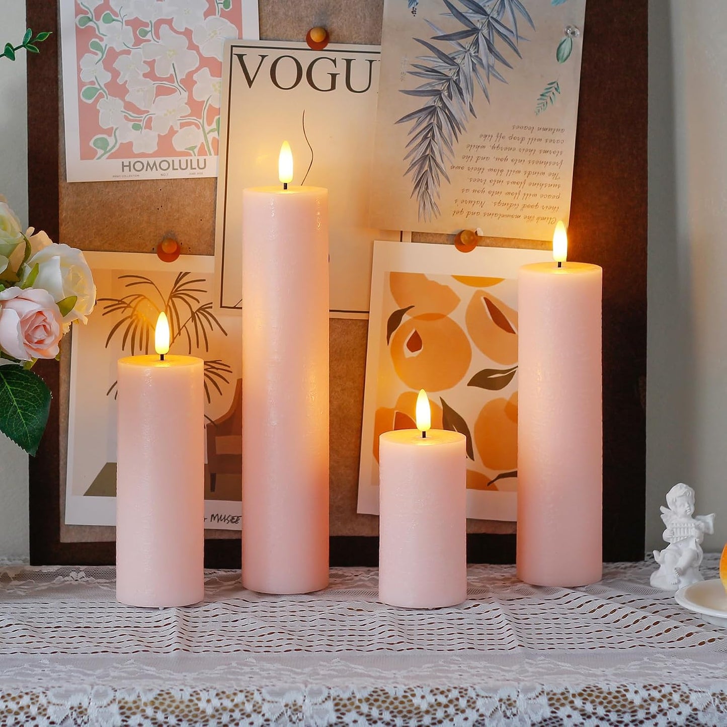 Flickering Flameless Pillar Candles with Remote Control and Cycle Timer,Pink Pack of 4 Battery Operated(Powered by 2AA)