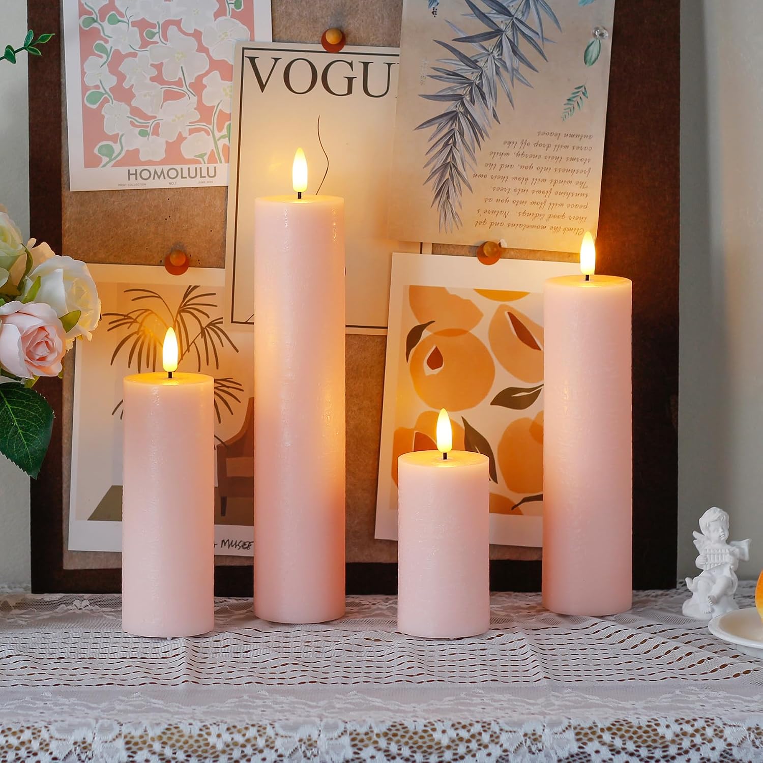 Flickering Flameless Pillar Candles with Remote Control and Cycle Timer,Pink Pack of 4 Battery Operated(Powered by 2AA)