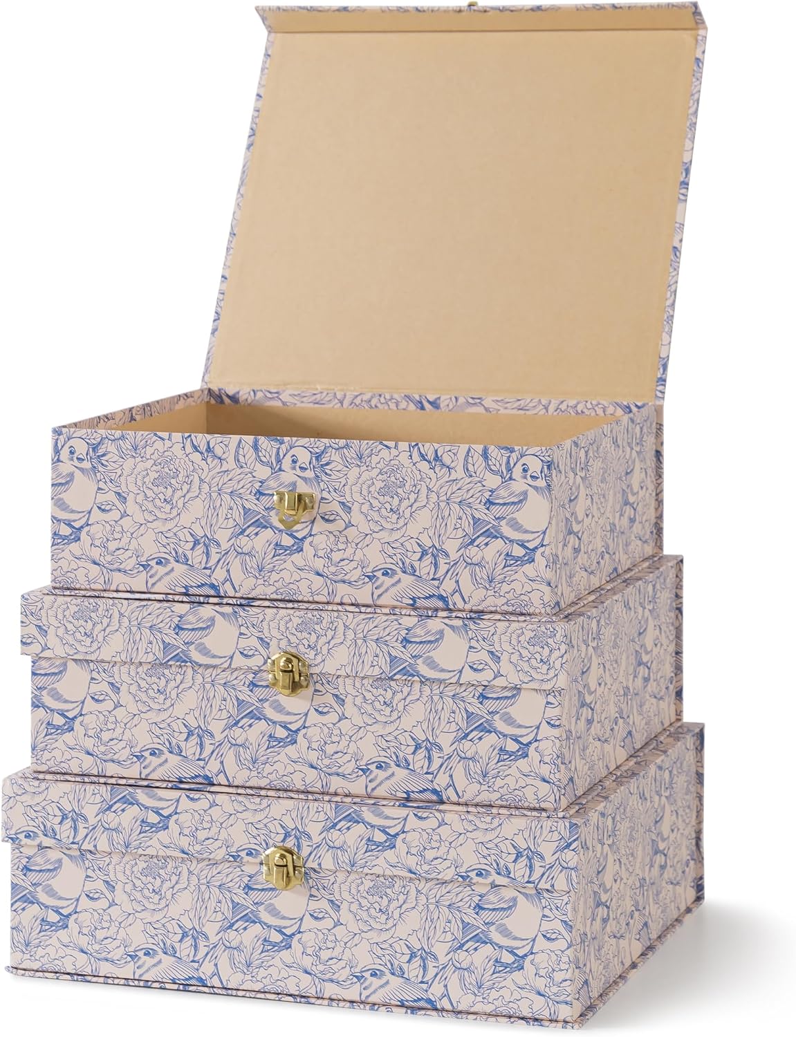White Floral Cardboard Decorative Storage Boxes / Aviary Garden / Blue / Set of 3