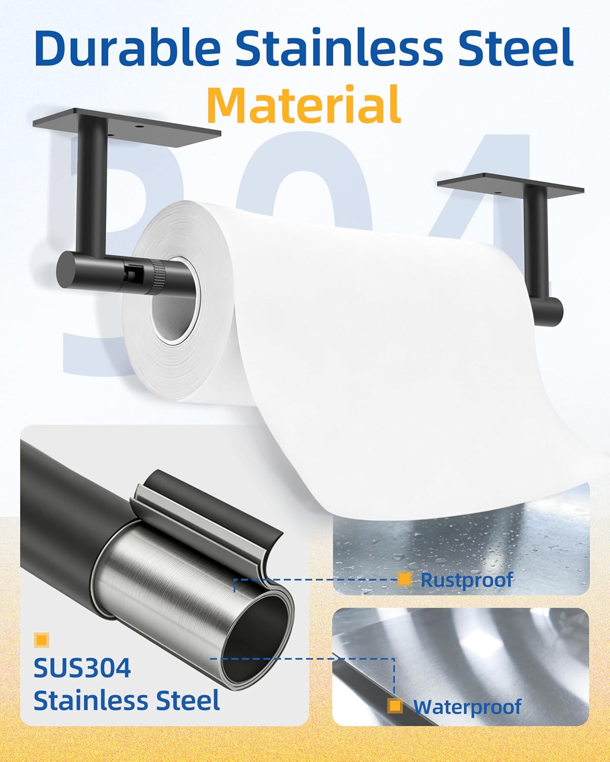 RUACQ Paper Towel Holder Under Cabinet, Stainless Steel, Matte Black | Drill Wall Mount or Adhesive, Square Base
