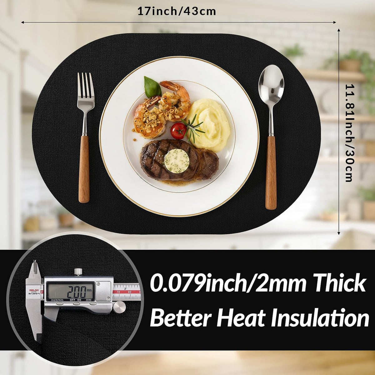 Placemats Set of 8, 11.8 x 17 Inch, Black | Heat Resistant Oval Faux Leather Place Mats, Waterproof Wipeable Reversible