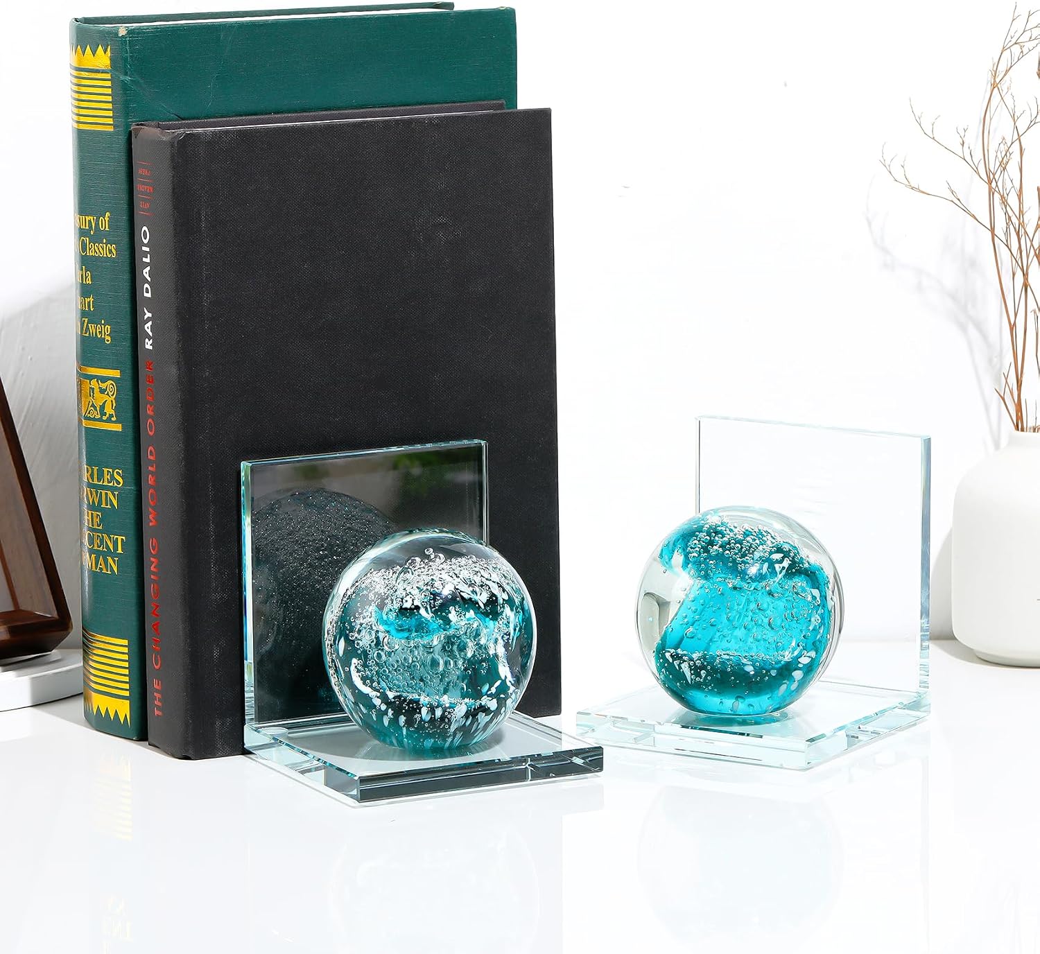 Hand Blown Ocean Waves Ball Glass Decorative Non Skid Bookends / Dark Green