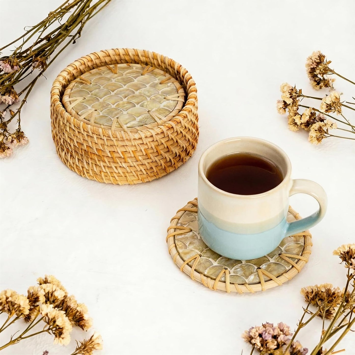 Holder • Handmade Round Coaster • Wicker / Cascade Light / Set of 6