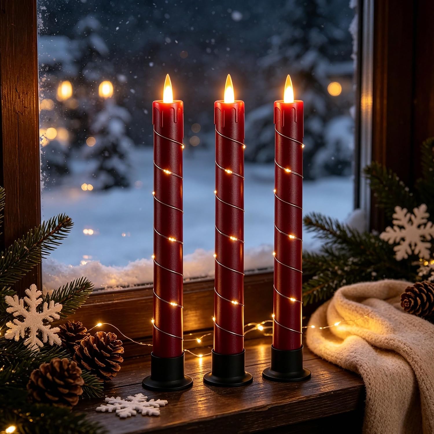 Da by 3 Pack Red Dripping Wax Flameless Candles, Realistic Dynamic Flame LED Taper Candles with Surrounding Fairy