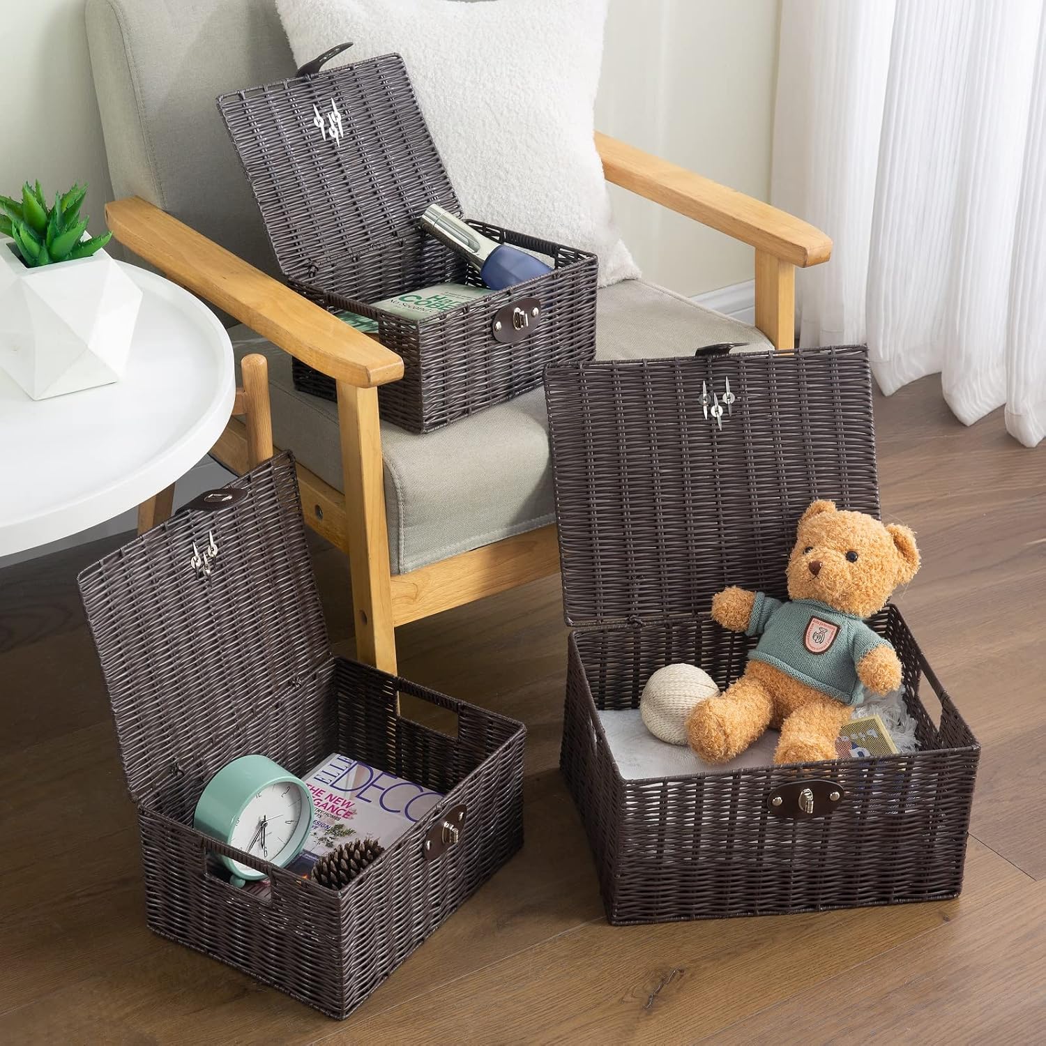 Woven Wicker Storage Basket Box / Brown / Set of 3