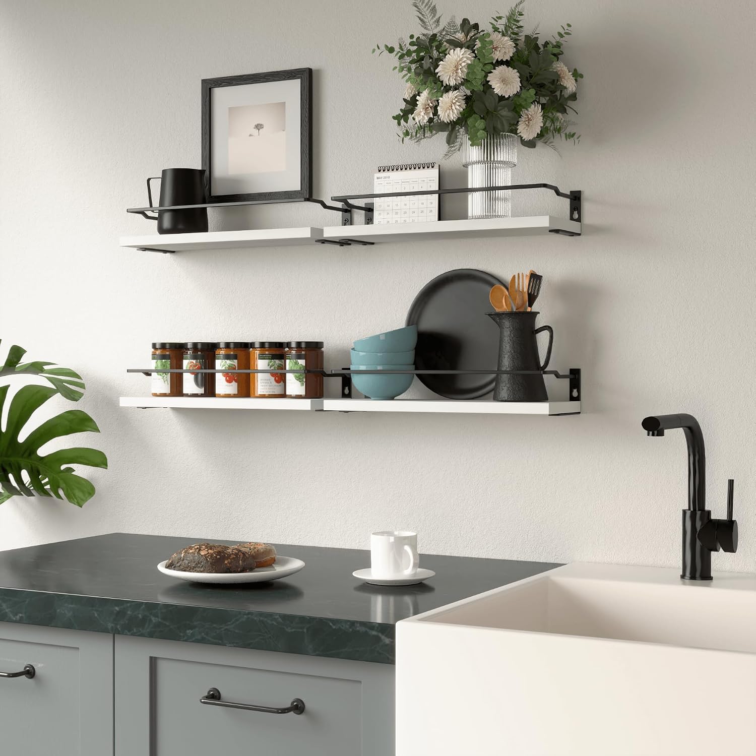 RICHER HOUSE White Bathroom Floating Wall Shelf Set of 4, Small Organizer Over Toilet Storage, Guard-Rail Kitchen