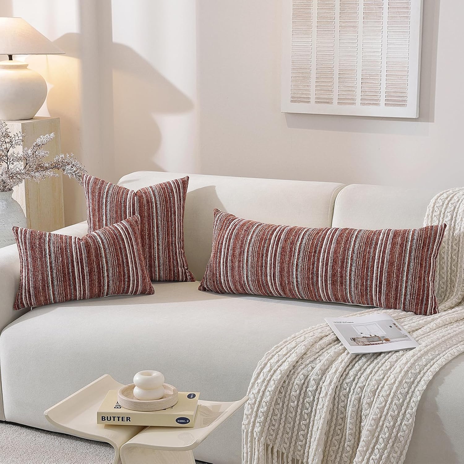 Chenille Red Striped Pillow Case / Wine Red Stripe / 20 x 12 / Set of 2