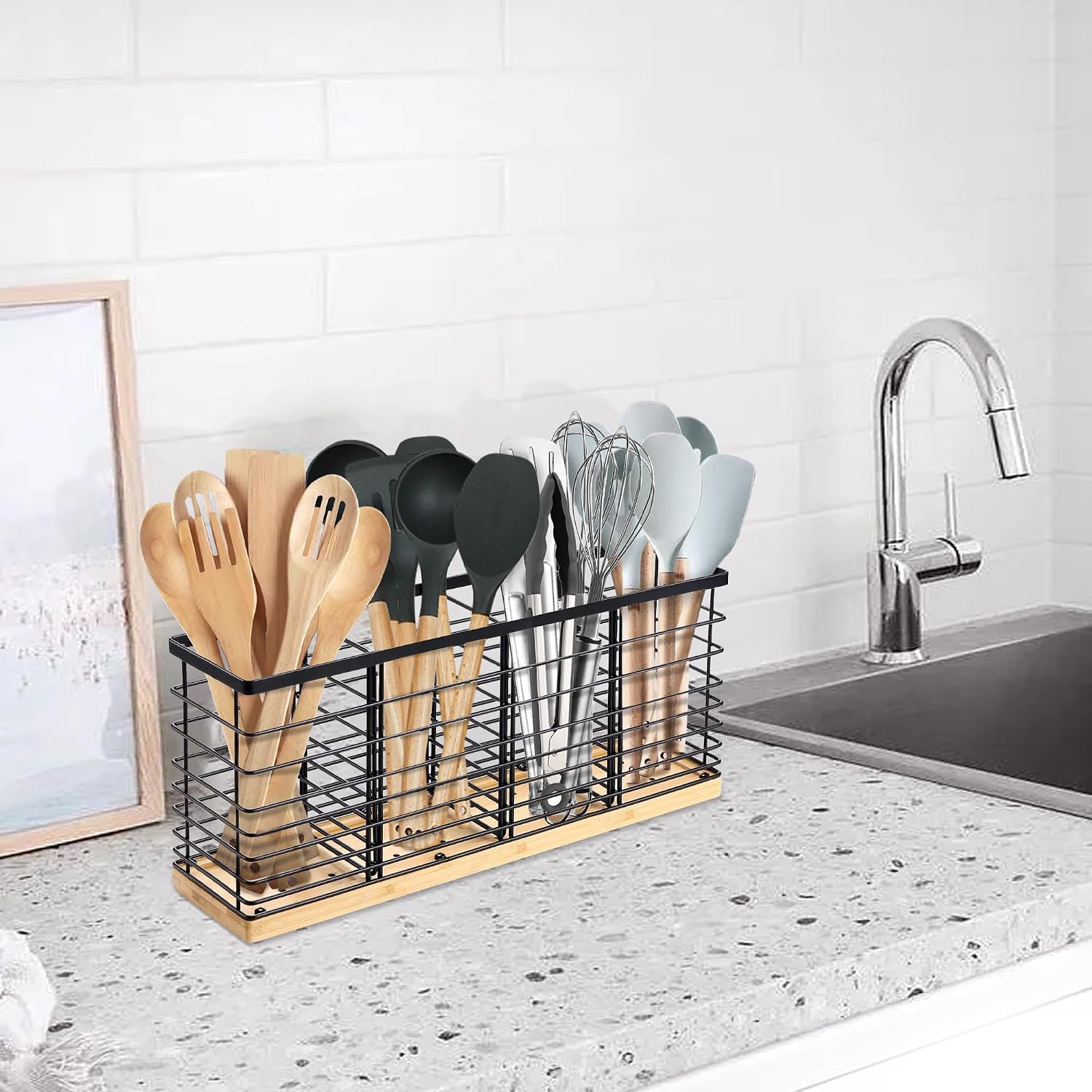 Suli Extra Large Kitchen Utensil Holder Countertop with Removable Divider | Counter&Wall Mounted,Hold 40