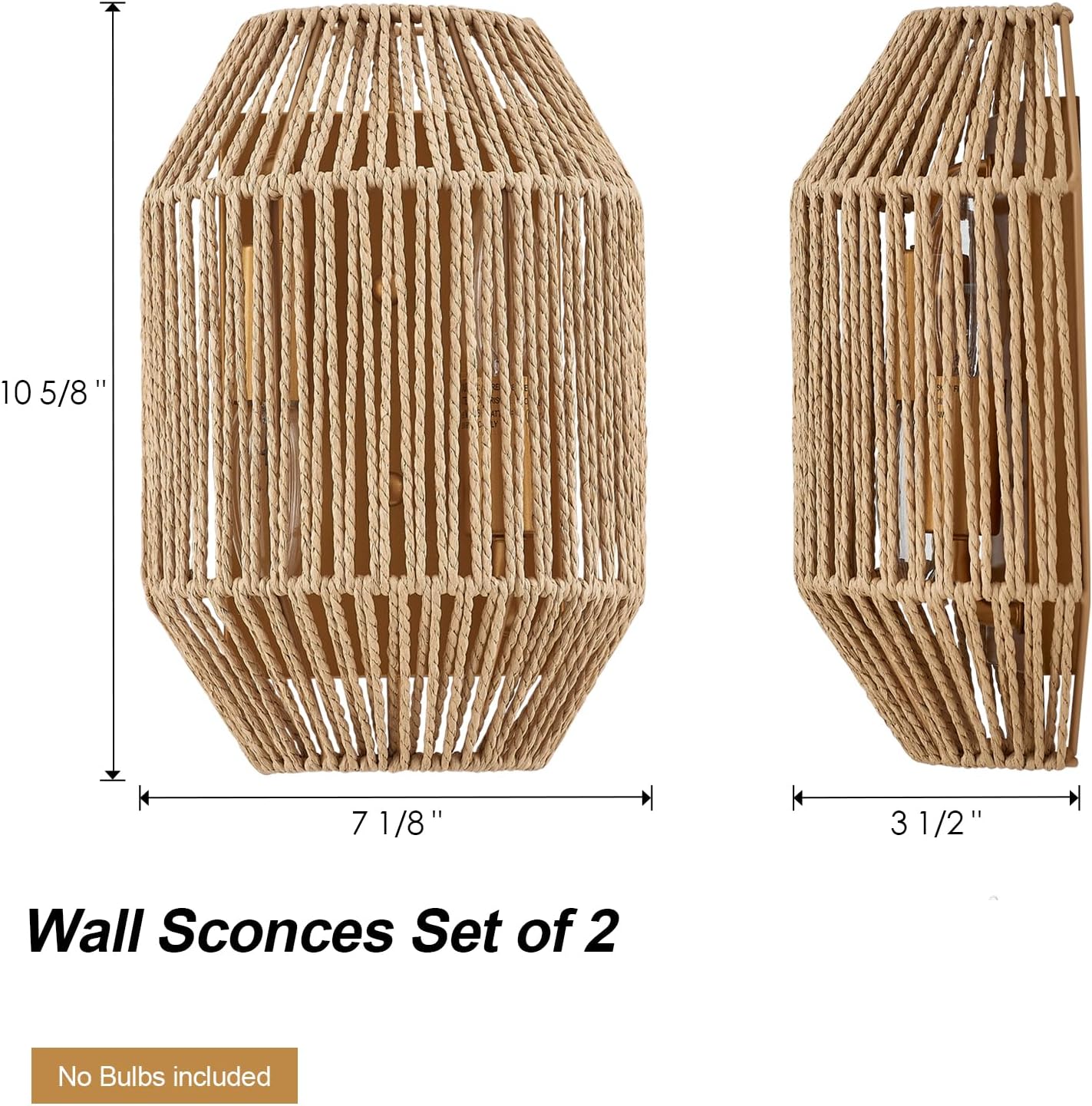 Boho Woven Wicker Shade Antique Brass Brush Paint Finish / Hardwired Type 1 / Natural / Set of 2