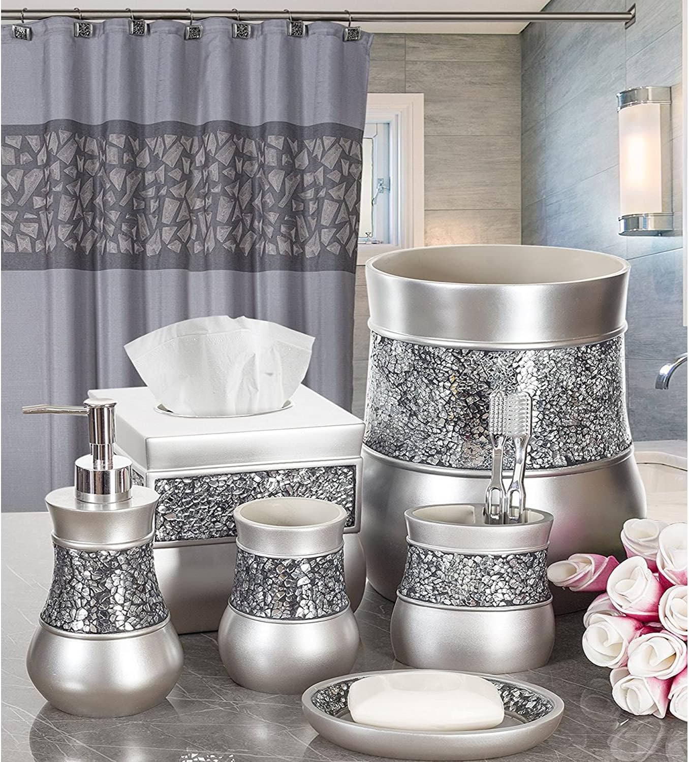 Creative Scents Crackled Glass Silver Small Bathroom Trash Can 2.06 Gal / 7.8L – Decorative Waste Basket for Bathroom